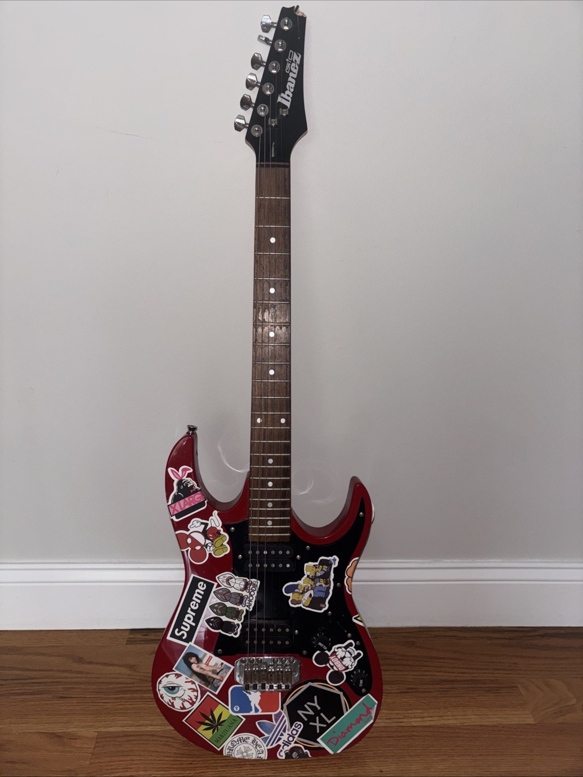 Ibanez GIO Red Electric Guitar 2009 Missing String Sticker Covered Ibanez GIO Red Electric Guitar 2009 Missing String Sticker Covered