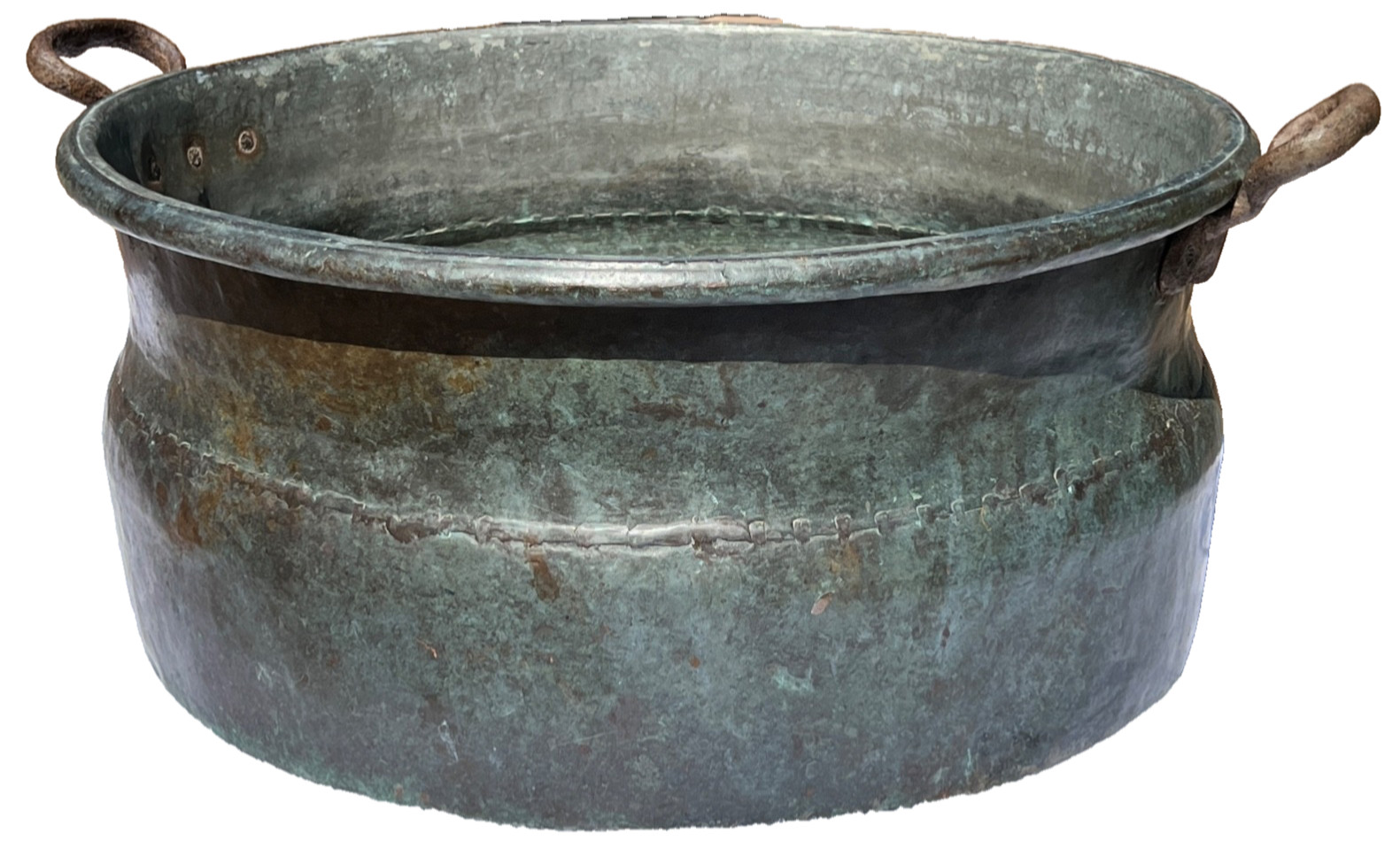 1880s Large COPPER CAULDRON  TIN-LINED  22 inch  ANTIQUE Verdigris Patina 
