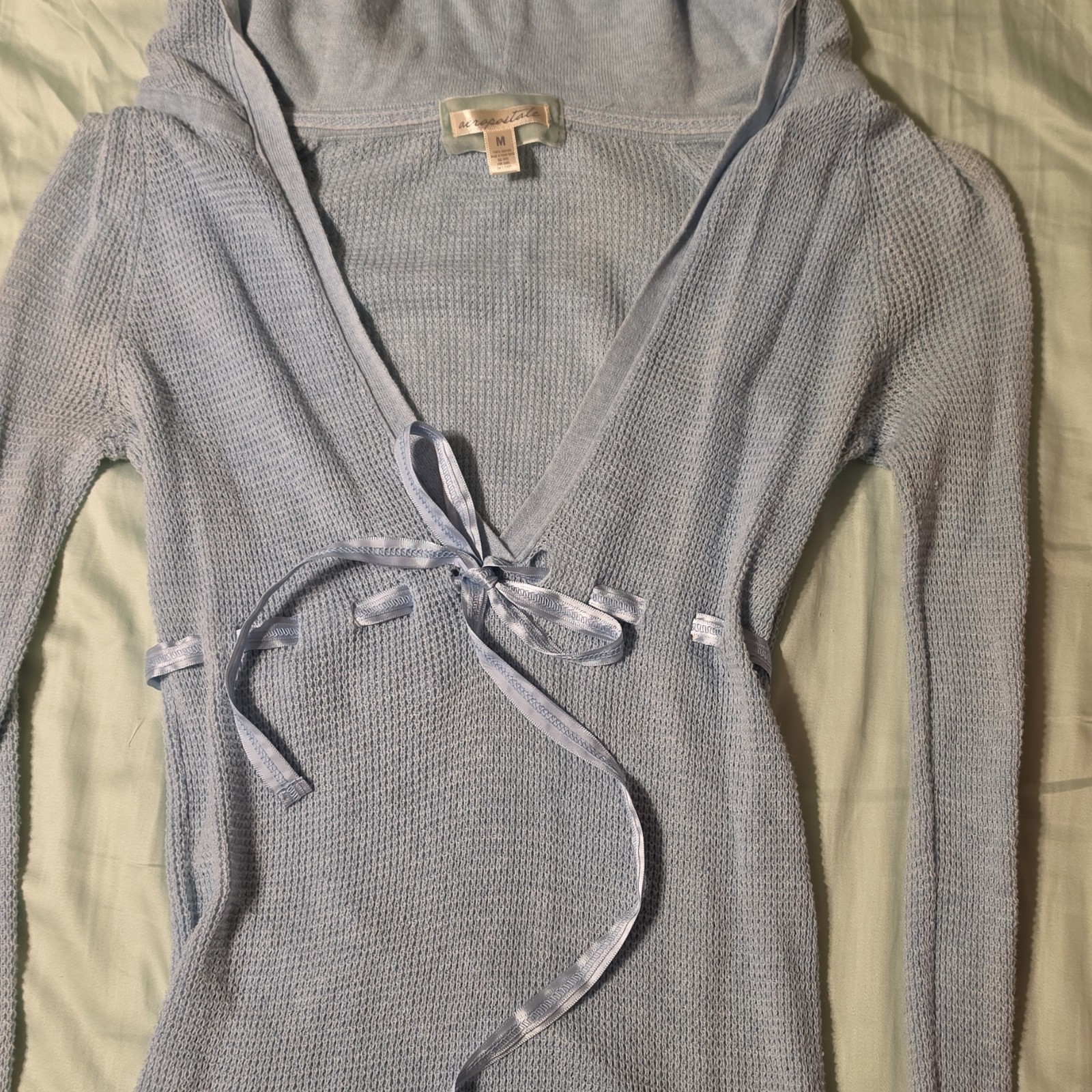 Y2K Aeropostale Light Blue Waffle Knit Hooded Top w/ Ribbon Tie Y2K Aeropostale Light Blue Waffle Knit Hooded Top w/ Ribbon Tie