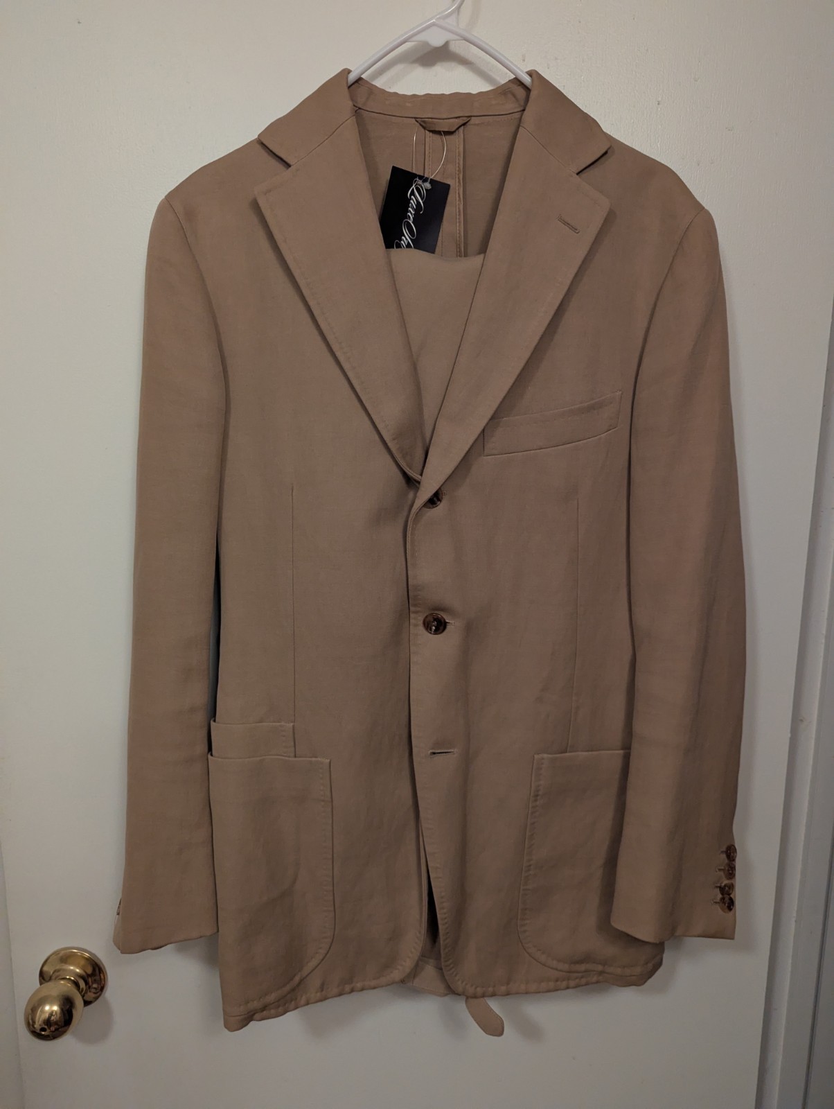 Suave Drake\'s London Men\'s Tan Suit Cotton Ramie Blend 48 Jacket 30 Pants Suave Drake\'s London Men\'s Tan Suit Cotton Ramie Blend 48 Jacket 30 Pants