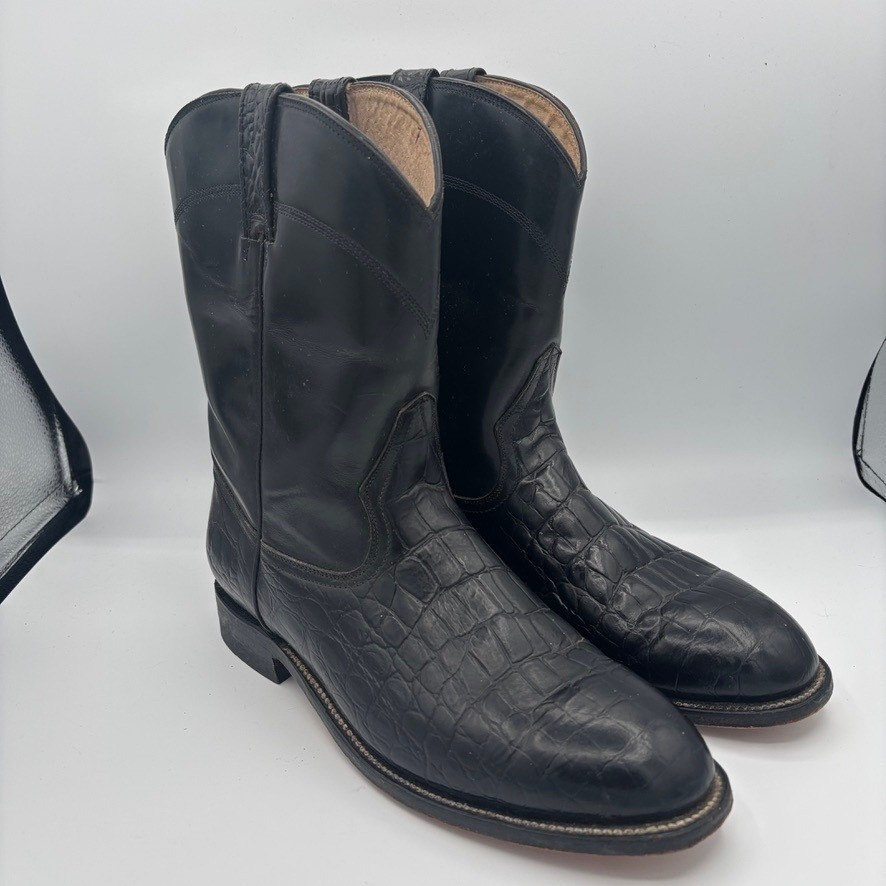 El Potro Cowboy Boots Mens Sz 12 Black Caiman Belly Leather Western Roper