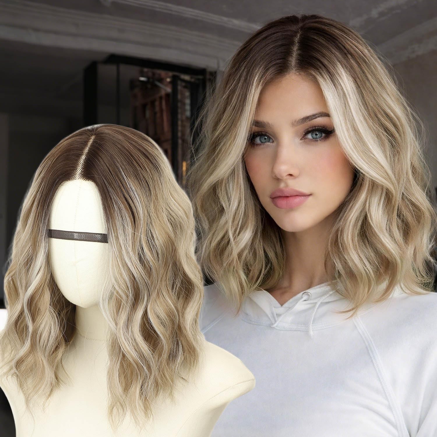 AISI HAIR 14Inch Dark to Light Blonde Wig for Women,Wave Synthetic Lace Wig | Sh AISI HAIR 14Inch Dark to Light Blonde Wig for Women,Wave Synthetic Lace Wig | Sh