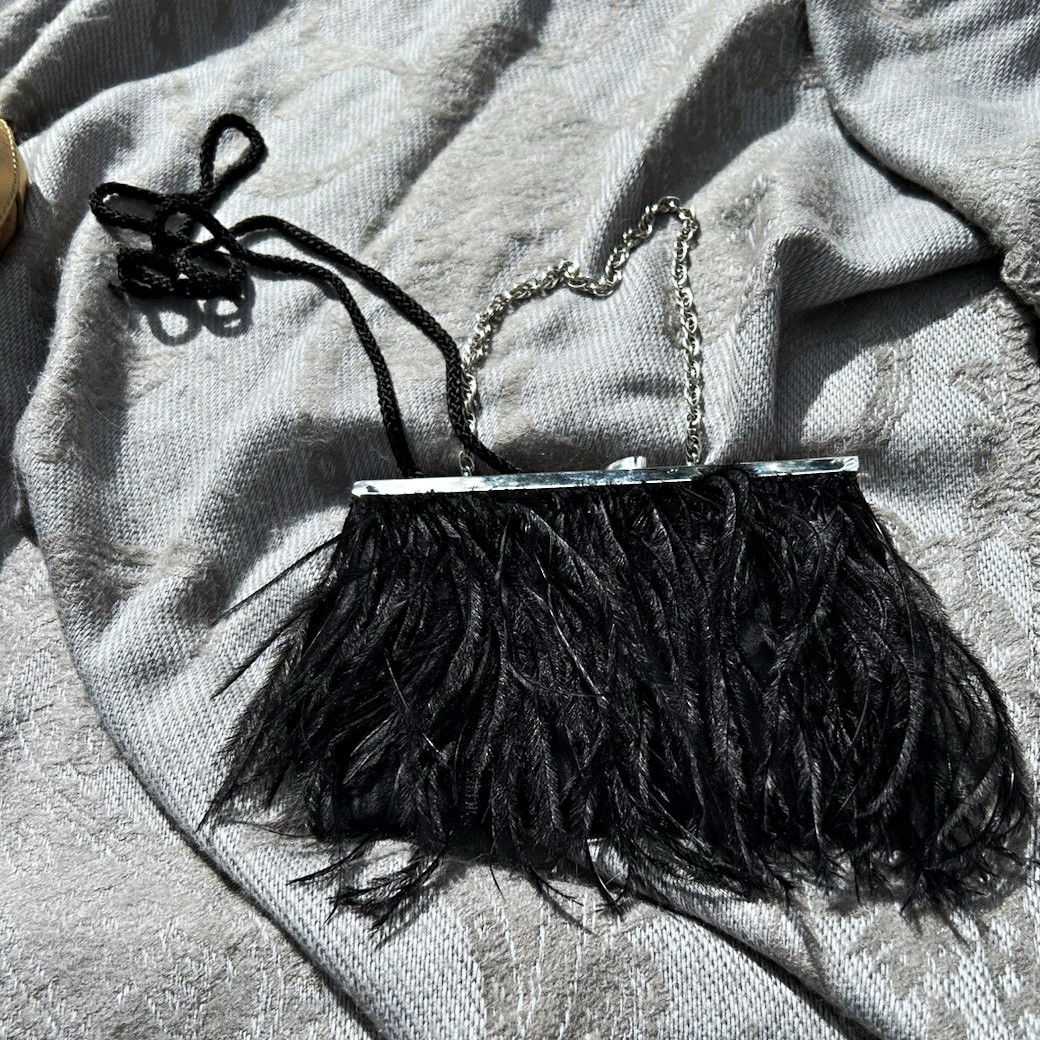 Vintage Black Feather Evening Clutch Purse with Dual Straps
