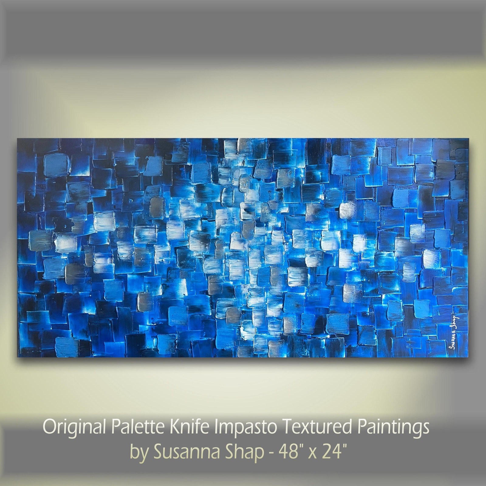 ORIGINAL Black Blue large abstract painting Textured Squares Geometric Art 48x24