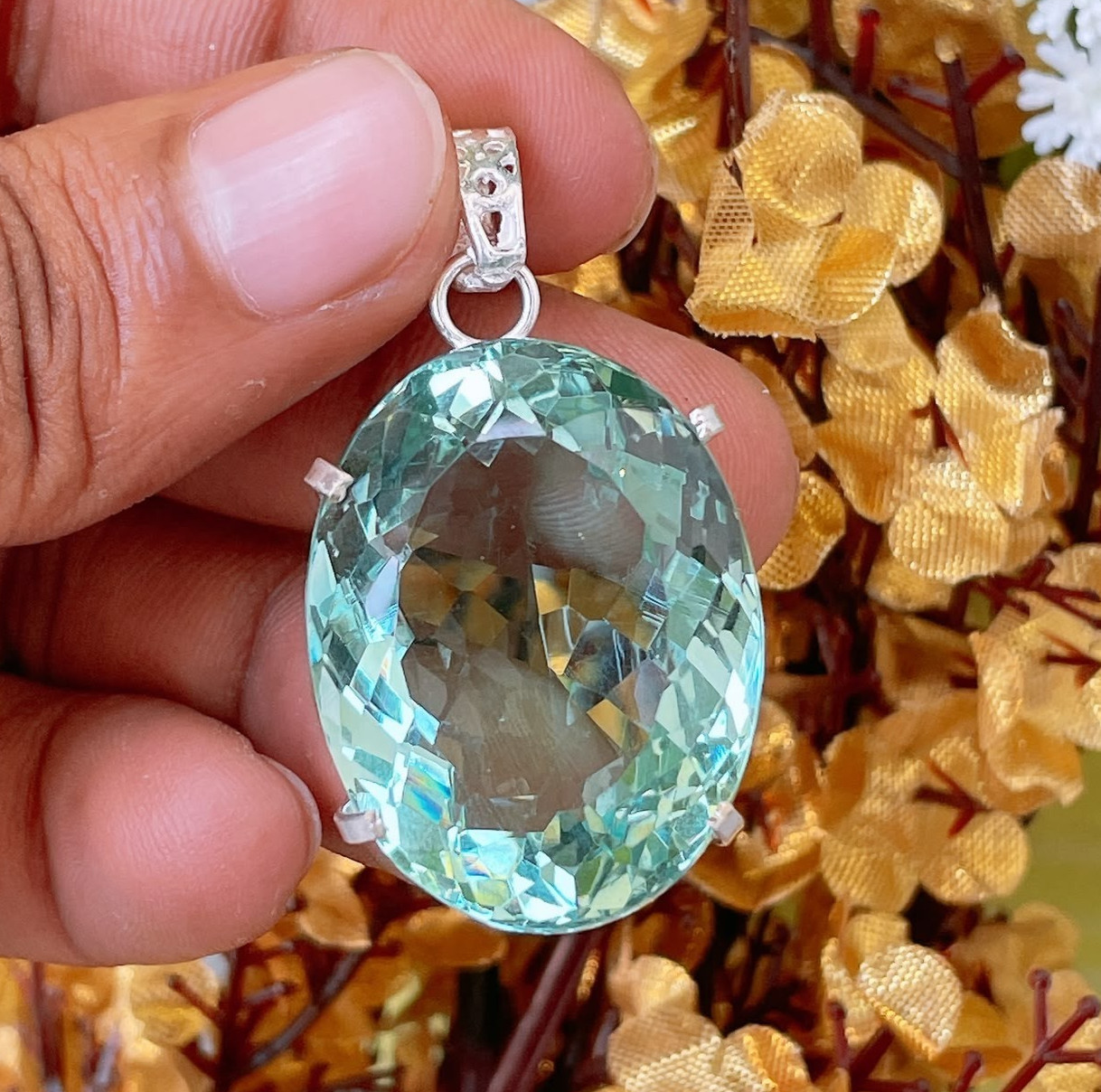 Natural Aquamarine Topaz 100 Ct Oval Cut Certified Solid Silver 925 Pendant