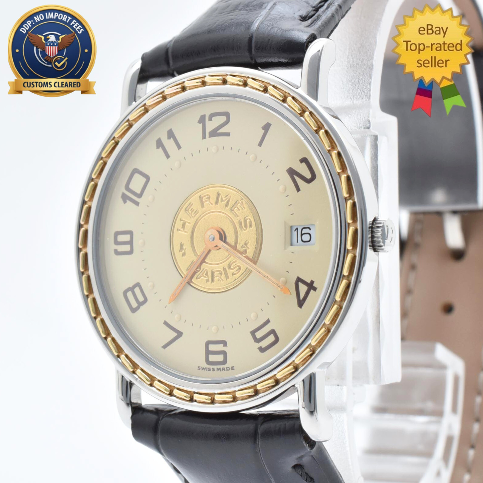 [N MINT] HERMES Serie Ivory Dial 32mm Date Quartz Vintage Men's Watch From JAPAN