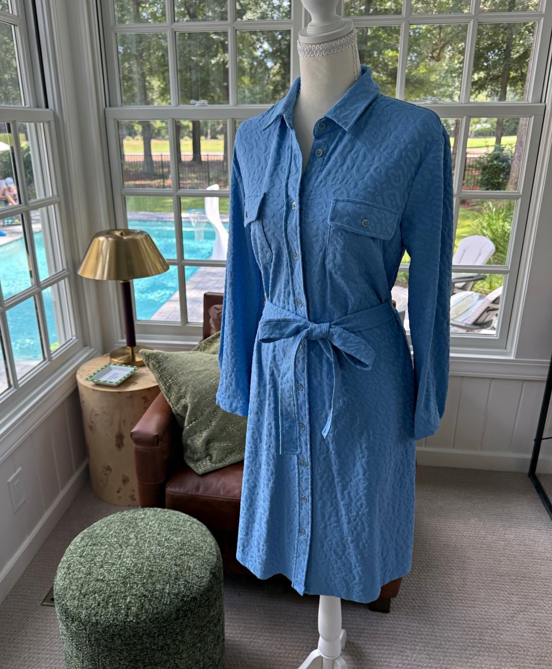 J. McLaughlin NWT Bay Blue Cheetah Jacquard Dress Collared Button Belted  M