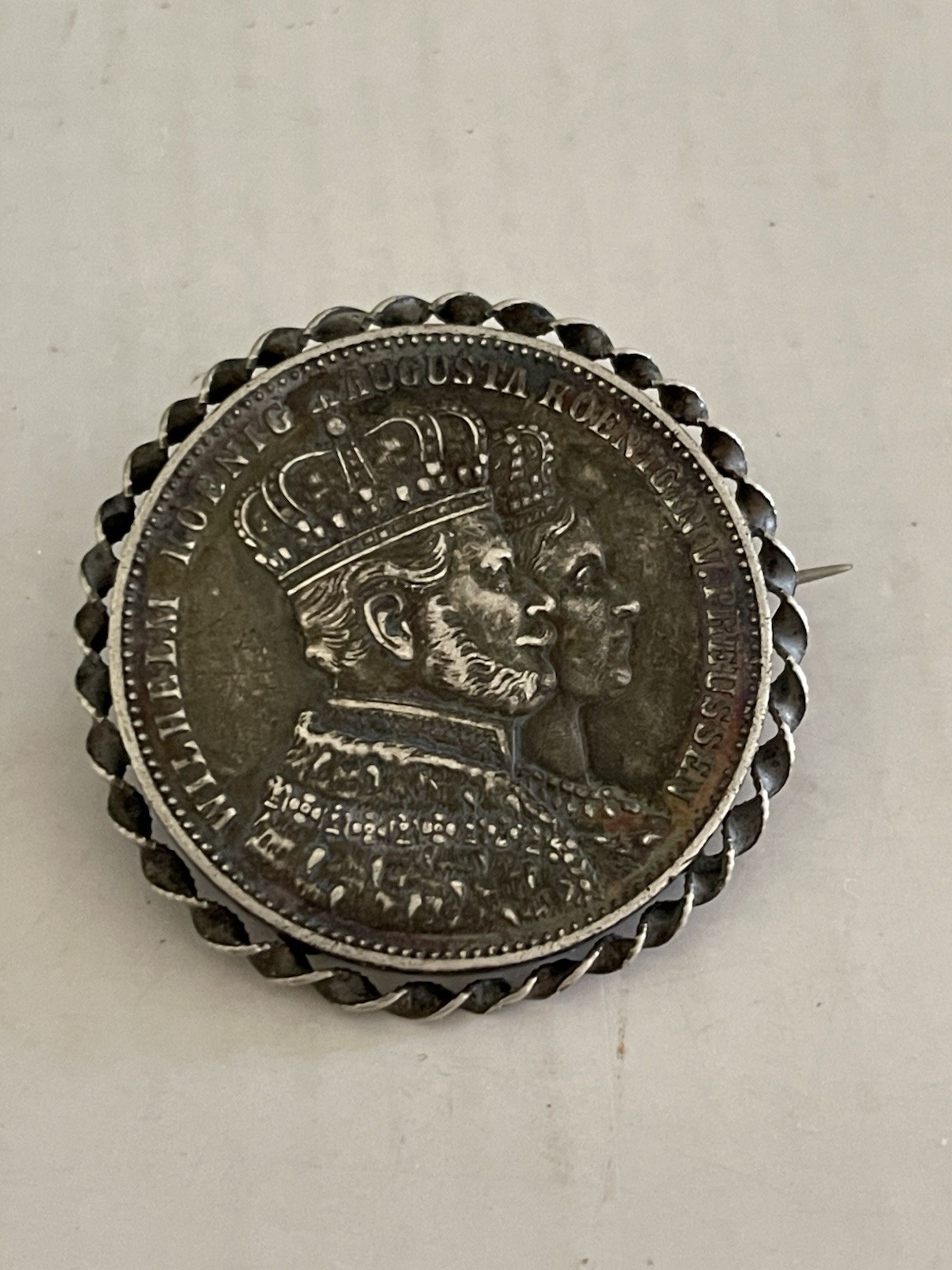 Antique 1861 German States Prussia Silver Coronation Thaler Coin Brooch Wilhelm