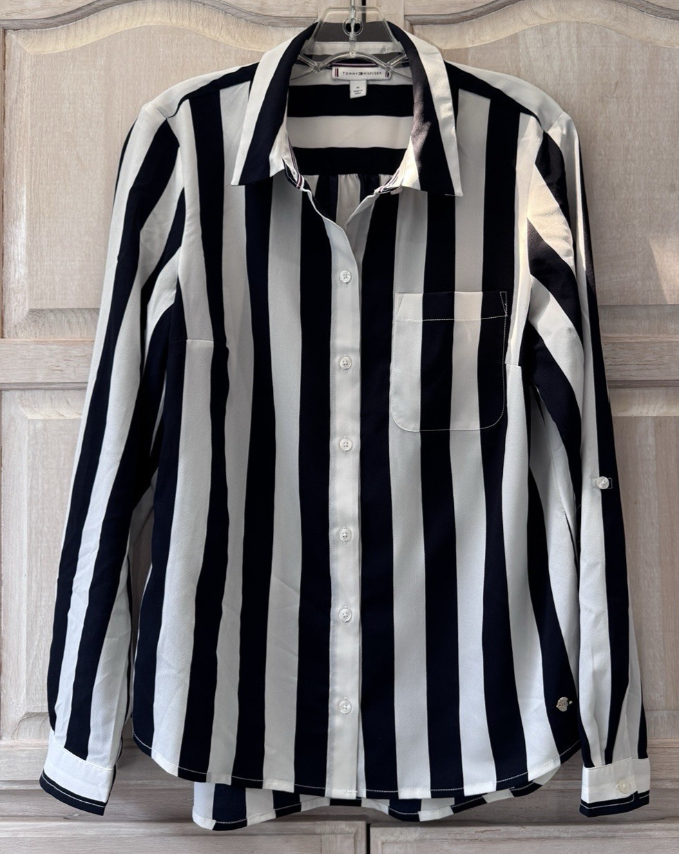 Tommy Hilfiger Black & White Wide Stripe Button Blouse Roll Tab Sleeves Size Med