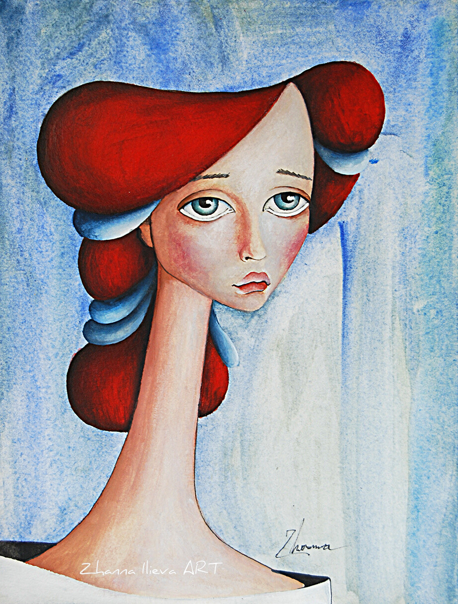 Original watercolor Pop surreal whimsical red hair woman portrait painting, A5 Original watercolor Pop surreal whimsical red hair woman portrait painting, A5