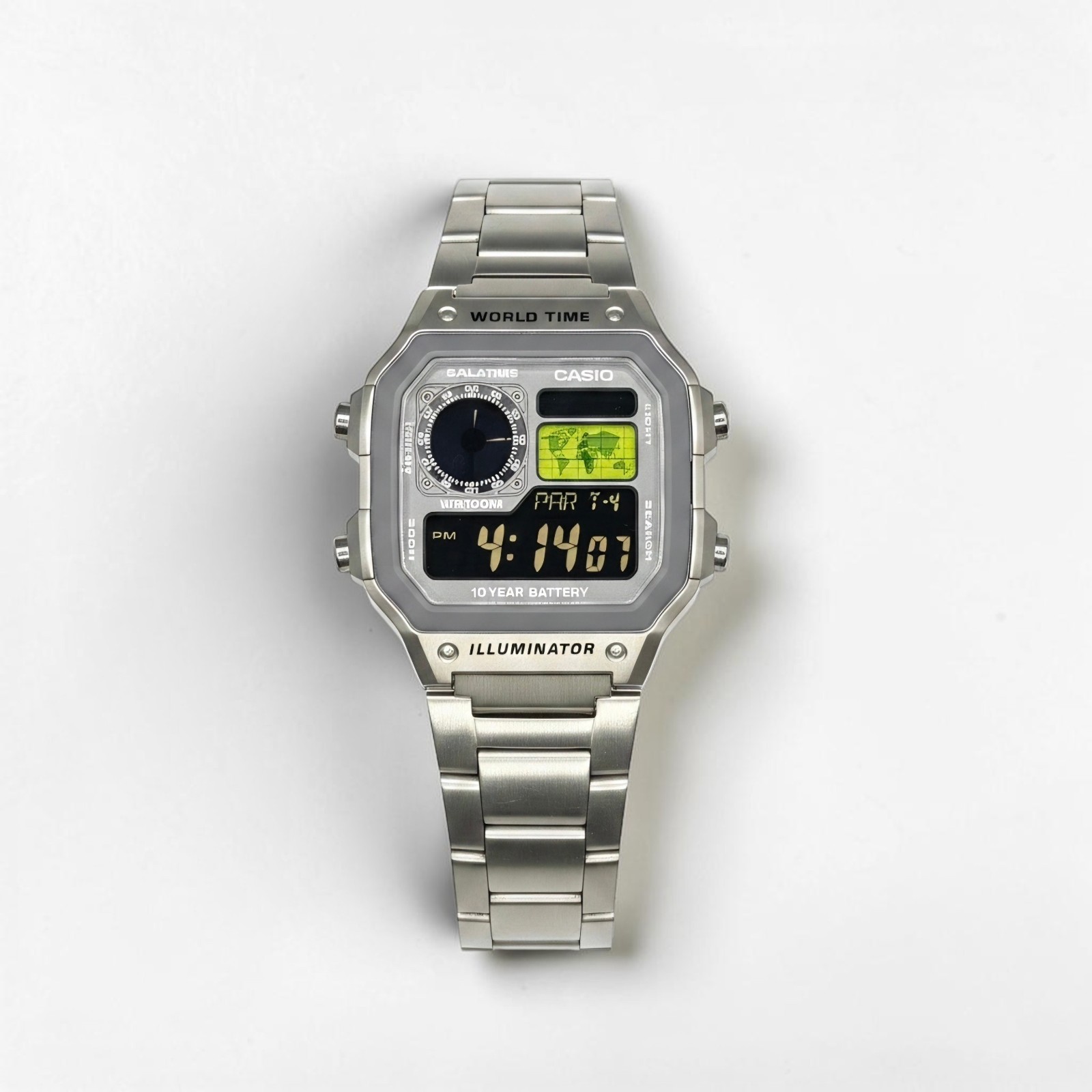 Silver CASIO AE-1200WHD. Royale Watch Mod. Negative Display. Green World Map Silver CASIO AE-1200WHD. Royale Watch Mod. Negative Display. Green World Map