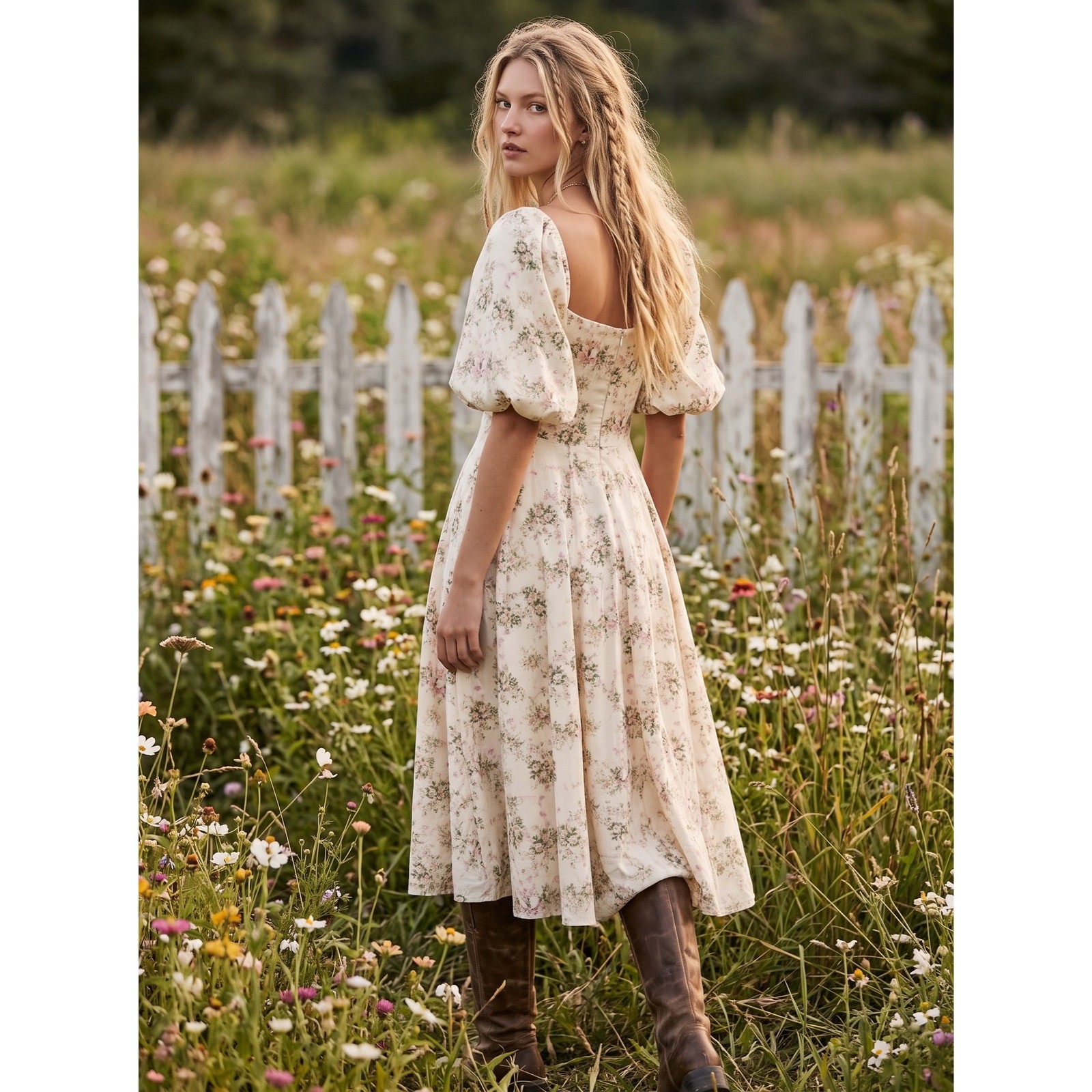 Selkie Coquette Fairytale Princess Floral Puff Sleeve Midi Day Dress Size Large