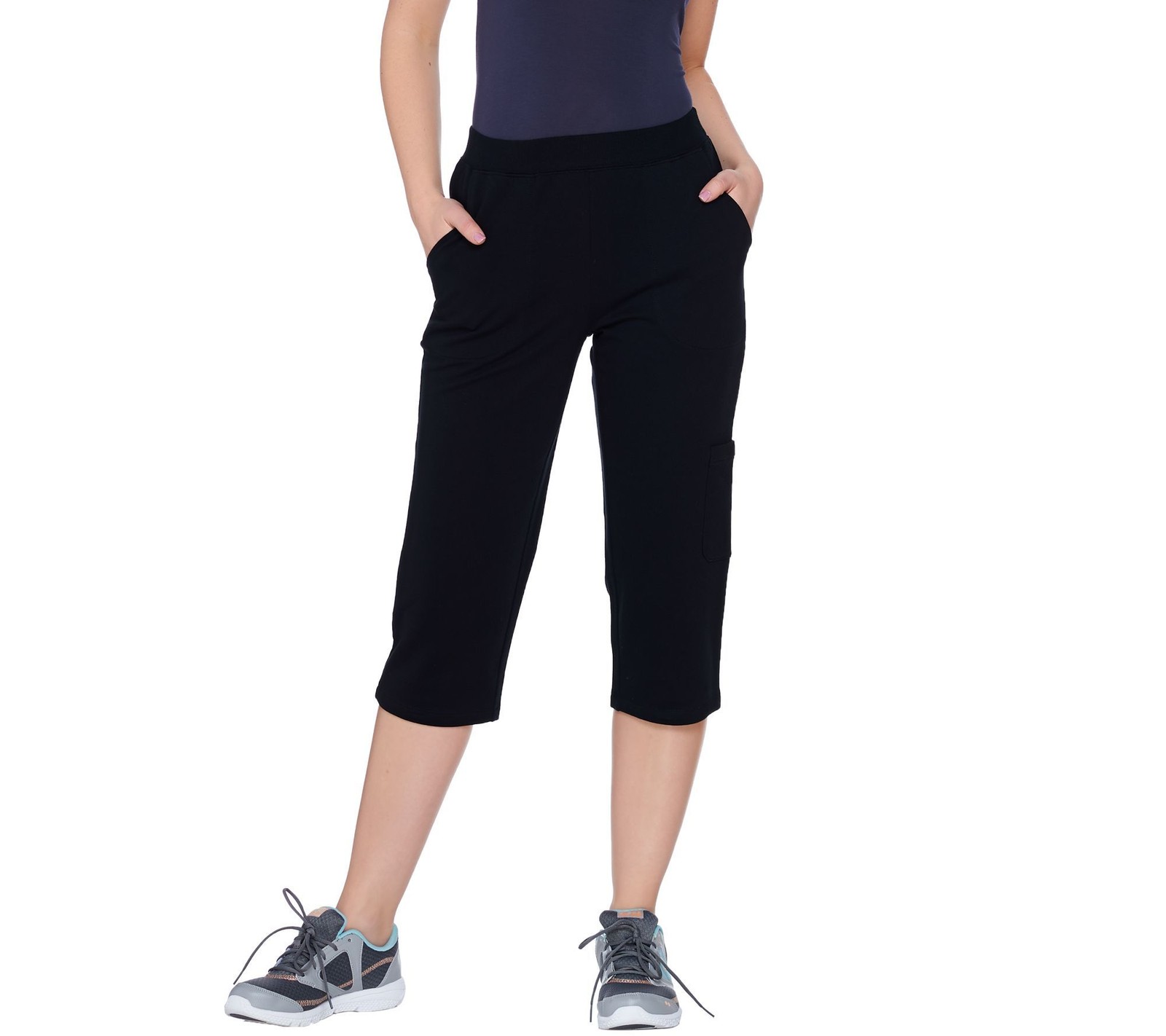 Denim & Co. Women\'s Pants Sz L Active French Terry Cargo Capri Black A275283