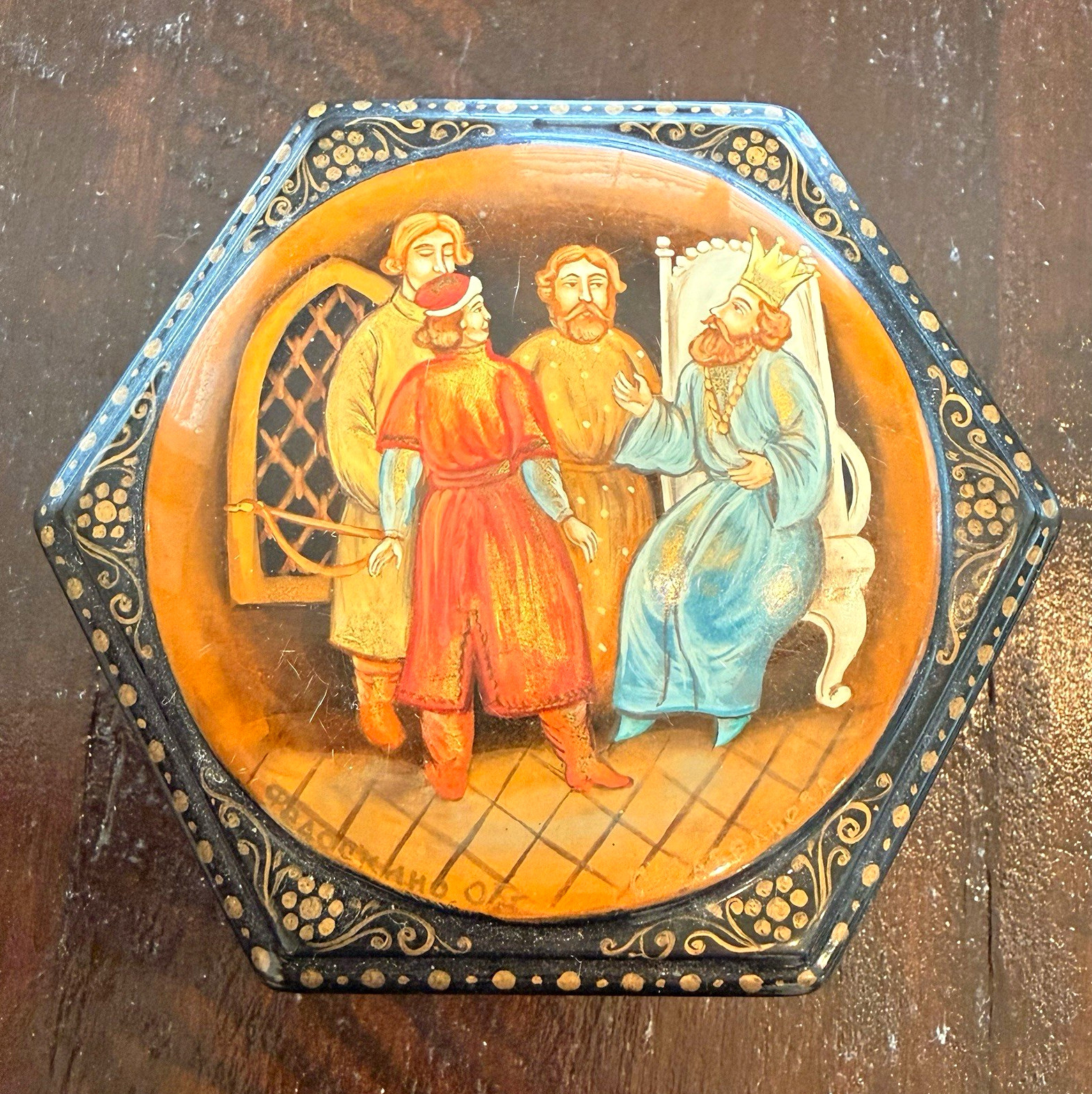 Vintage Russian Hand Painted Wood Hexagonal Trinket Box Scene 3” x 2.5”