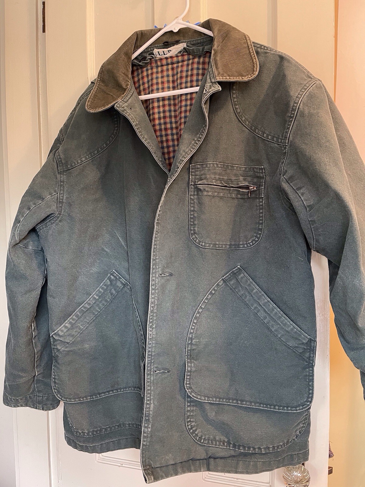 Vtg. LL Bean Faded Green Canvas Plaid 3-1 Plaid Lined Barn Jacket Lg Pockets USA