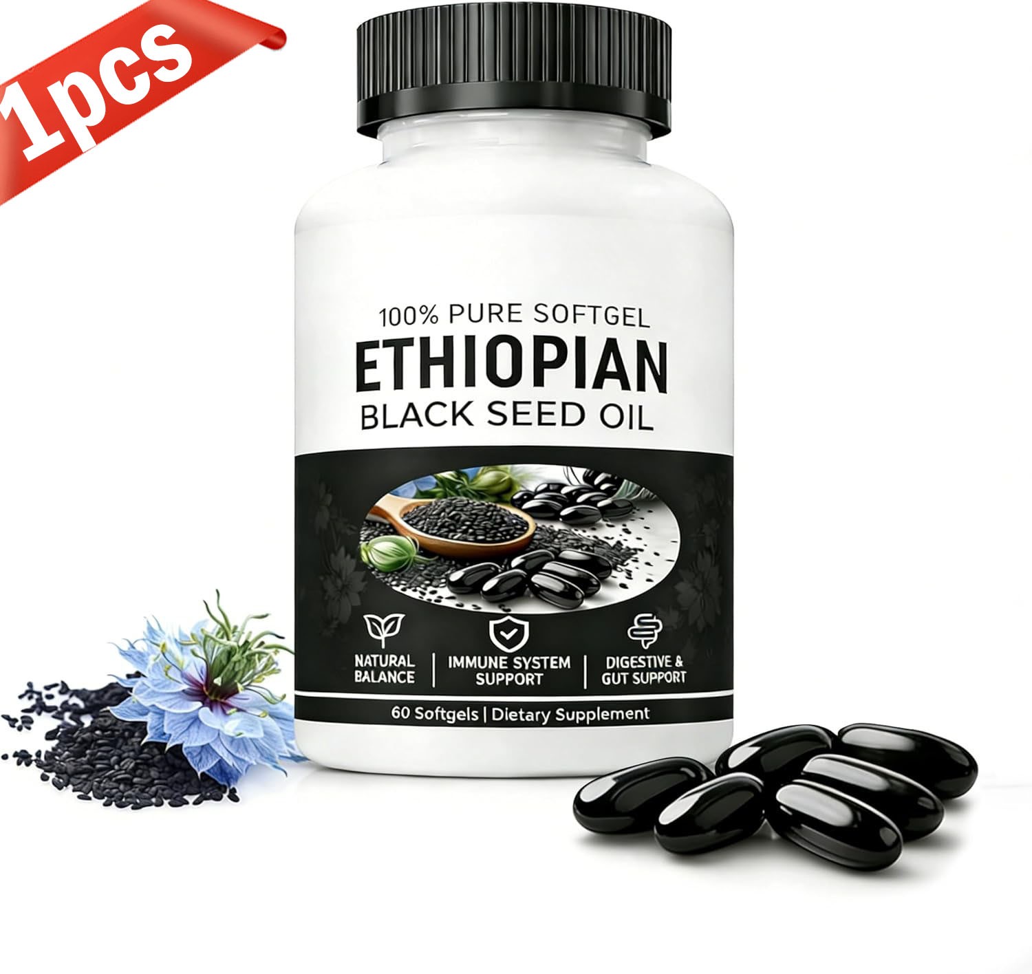 3 PACK Ethiopian Black Seed Oil Softgels 4.64% Thymoquinone Gluten-Free