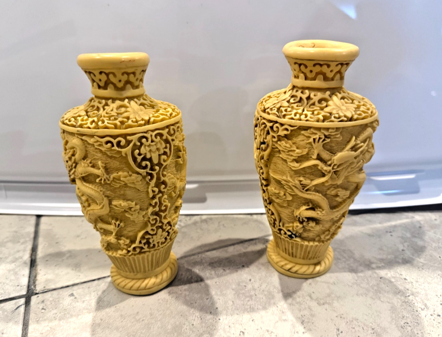 Vintage Chinese Dragon Carved Resin Vase Faux Cinnabar Style Cream