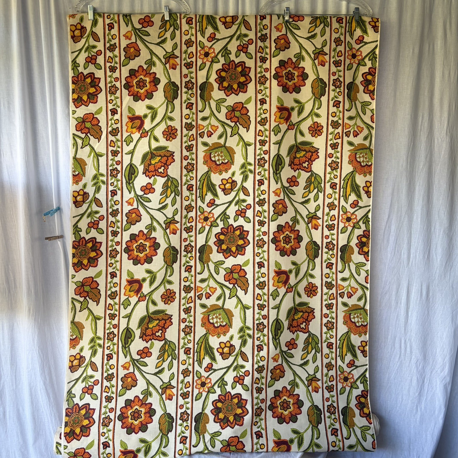 BTY 1970s gold Jacobean Floral Stripe Decor Fabric granny core 