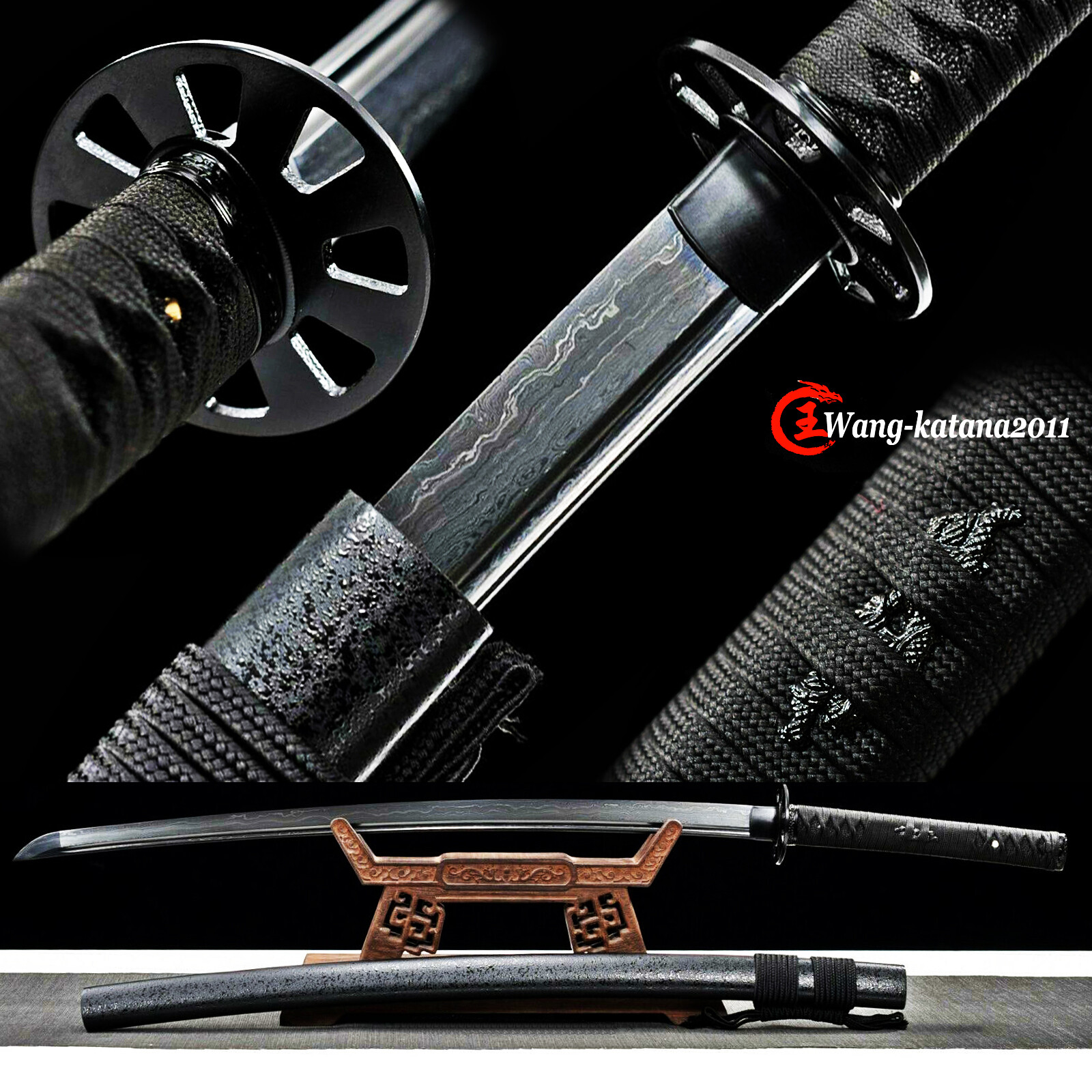All Black Sharp Full Tang Japanese Samurai Katana Sword Damascus Folded Steel