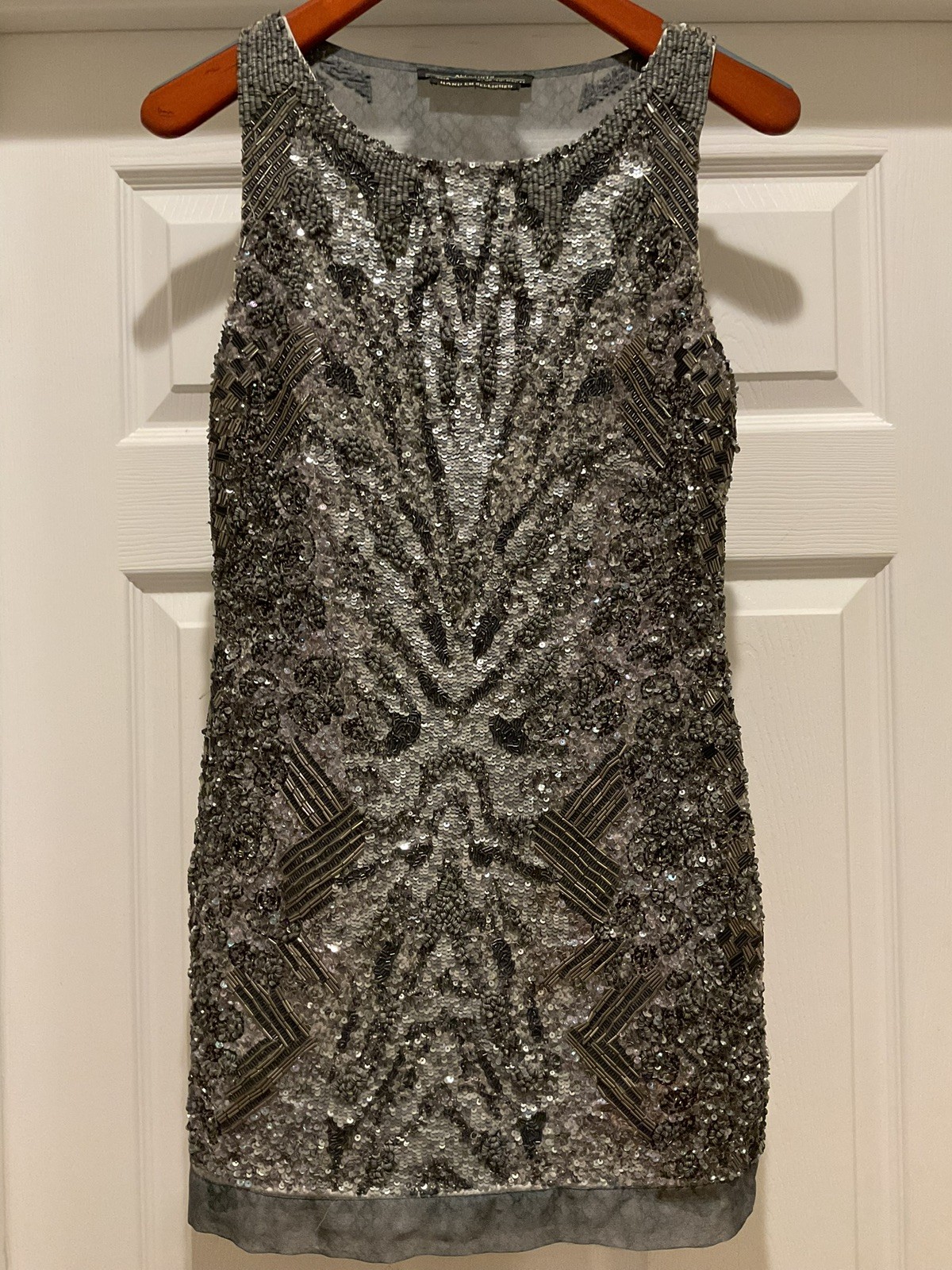 STUNNING WOMENS ALL SAINTS VIPER HAND EMBELLISHED SHIFT DRESS 10 SHEER BACK