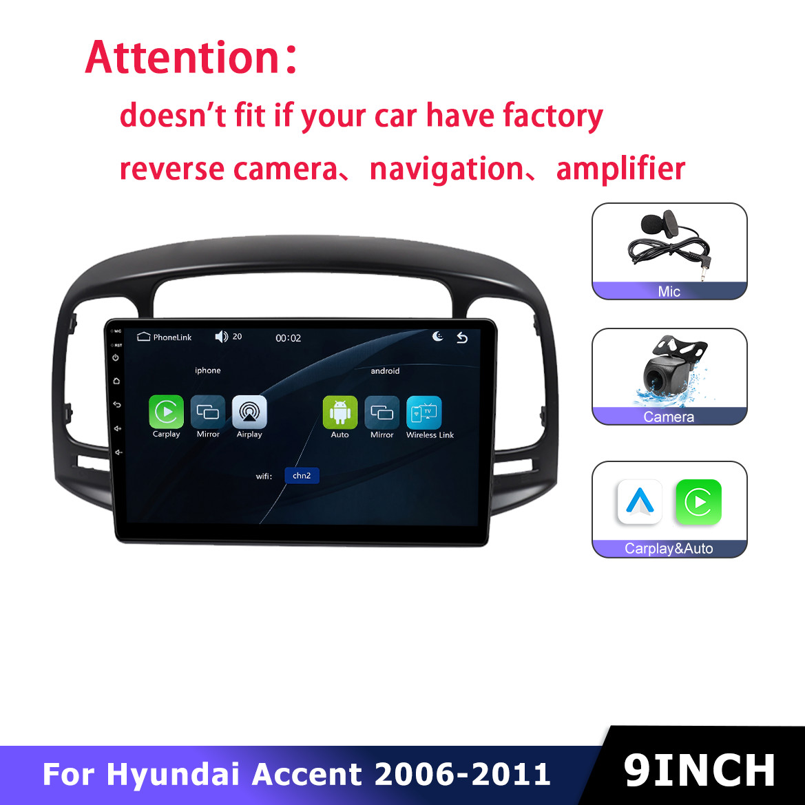 Carplay Android Auto Radio Stereo For Hyundai Accent 2006-2011 Linux System Cam
