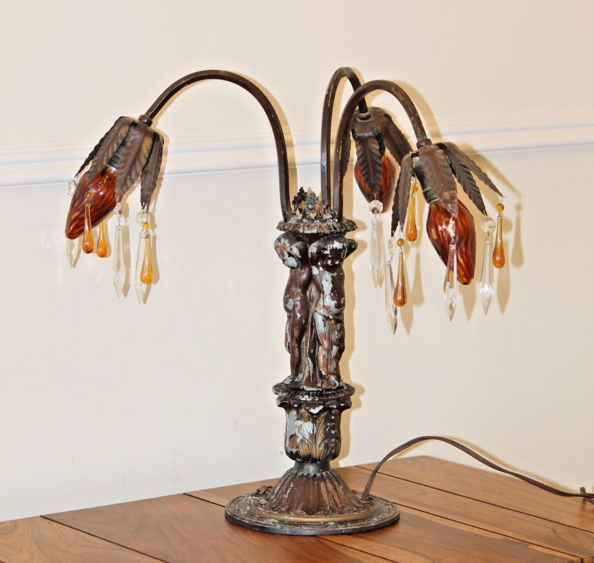Large antique, art nouveau, cast metal, 3-armed parlor lamp w/ teardrop crystals