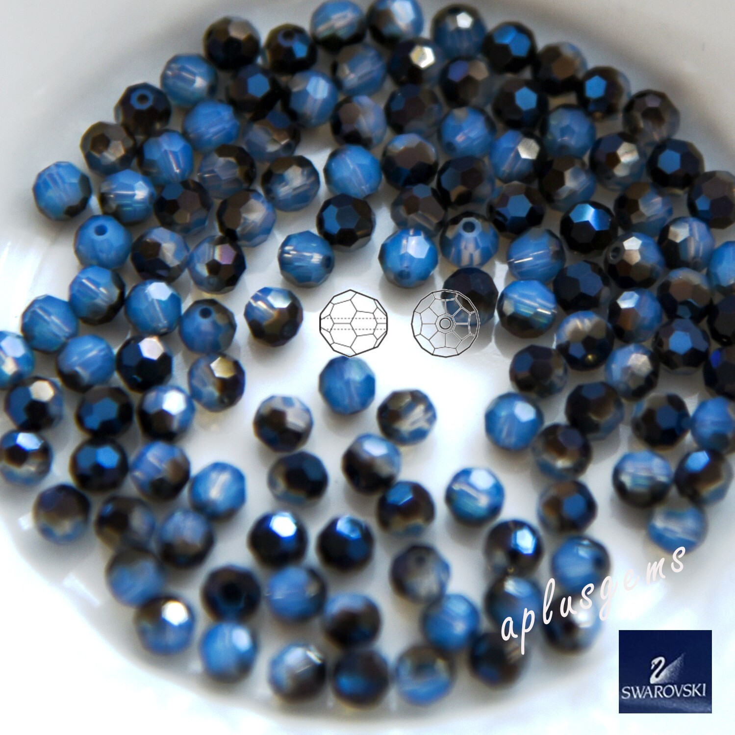 60pcs 4mm White Opal Sky Blue #5000 Swarovski Crystal Faceted Round Beads