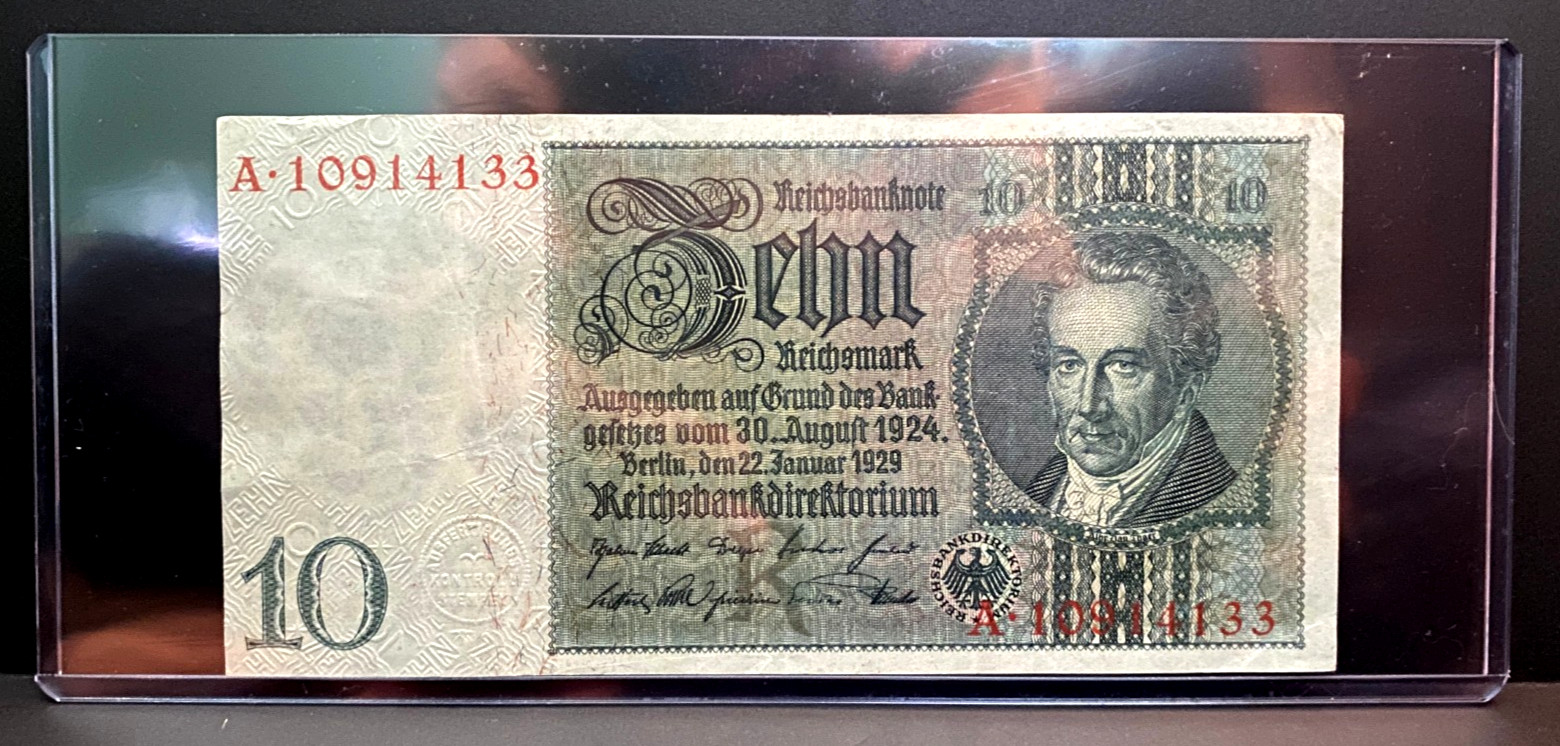 WWII Era Germany 10 Reichsmark Banknote 1929–1945 Circulated Original Historical