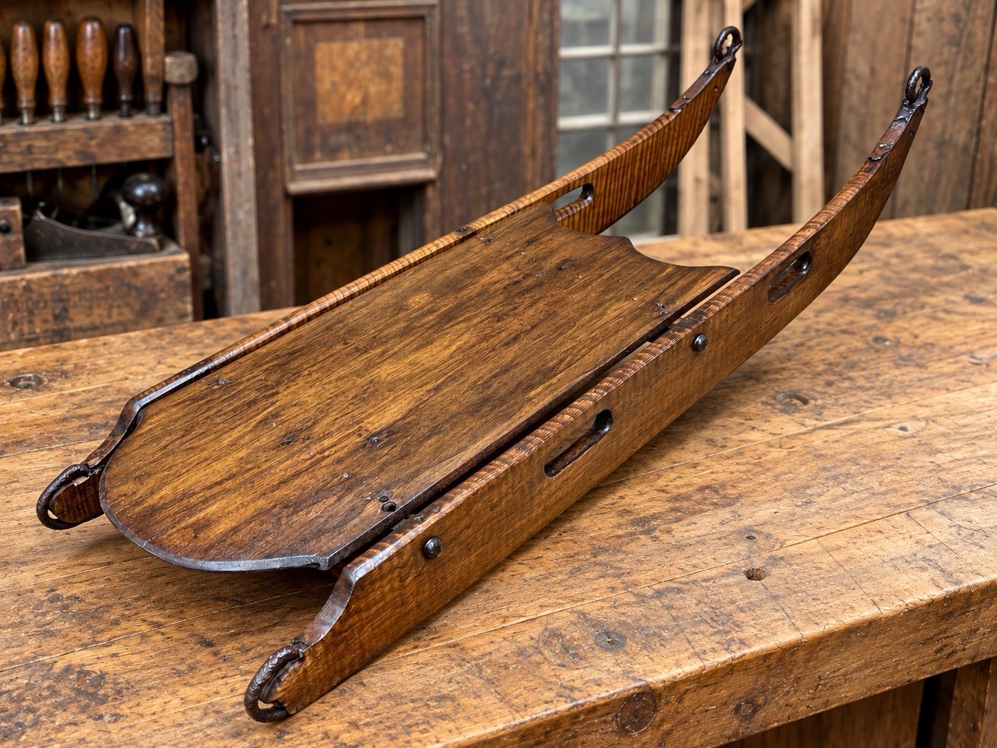 ANTIQUE Primitive WOODEN SLED BEAUTIFUL Tiger Maple Wood Winter Decor ANTIQUE Primitive WOODEN SLED BEAUTIFUL Tiger Maple Wood Winter Decor