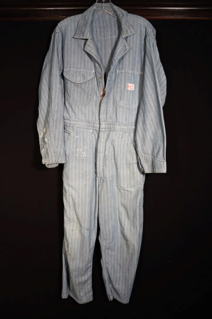 Vintage 1950\'s  Blue & White Herringbone Cotton Coveralls Size Med Good Cond