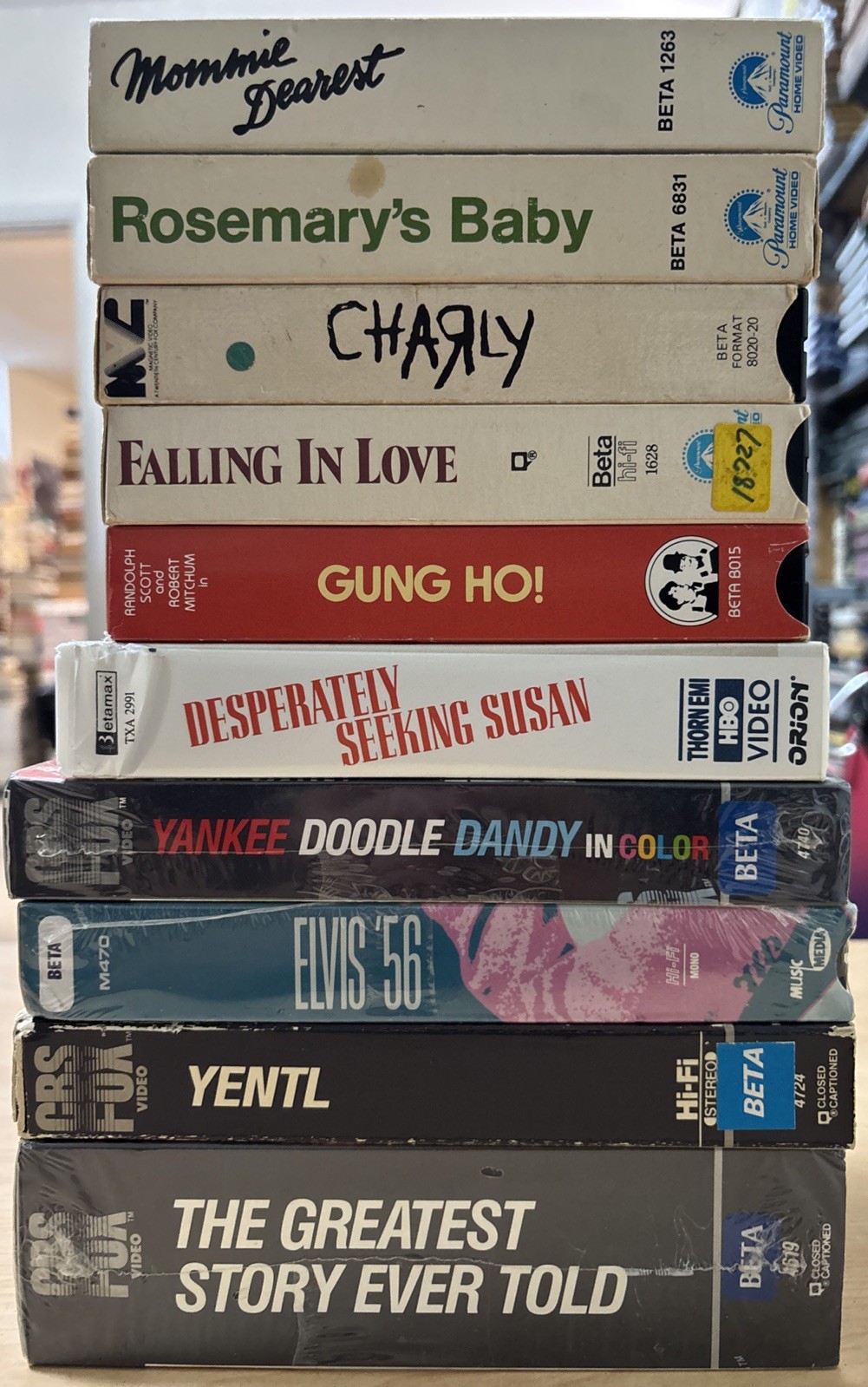Lot of 10 Mixed Betamax Beta Tapes Yentl Elvis Charly Rosemary’s Baby Gung Ho
