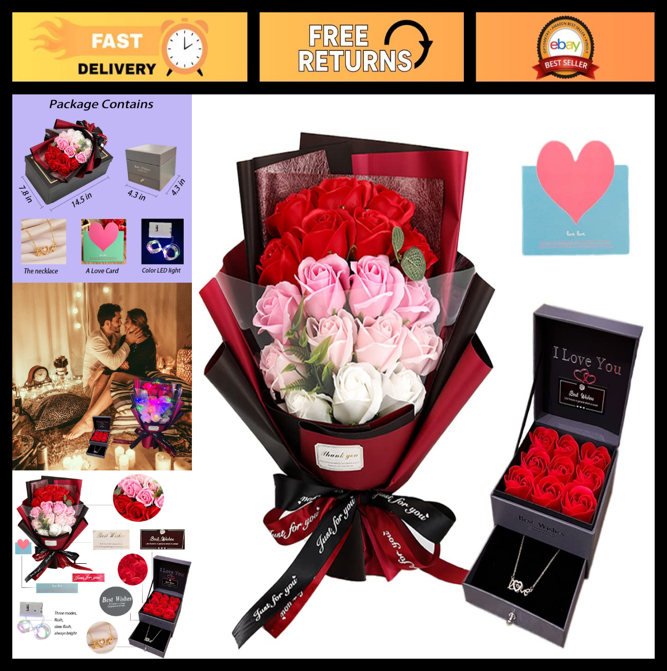 Preserved Red Rose Bouquet with Love Necklace - Unique Gift for Valentine's, Mot