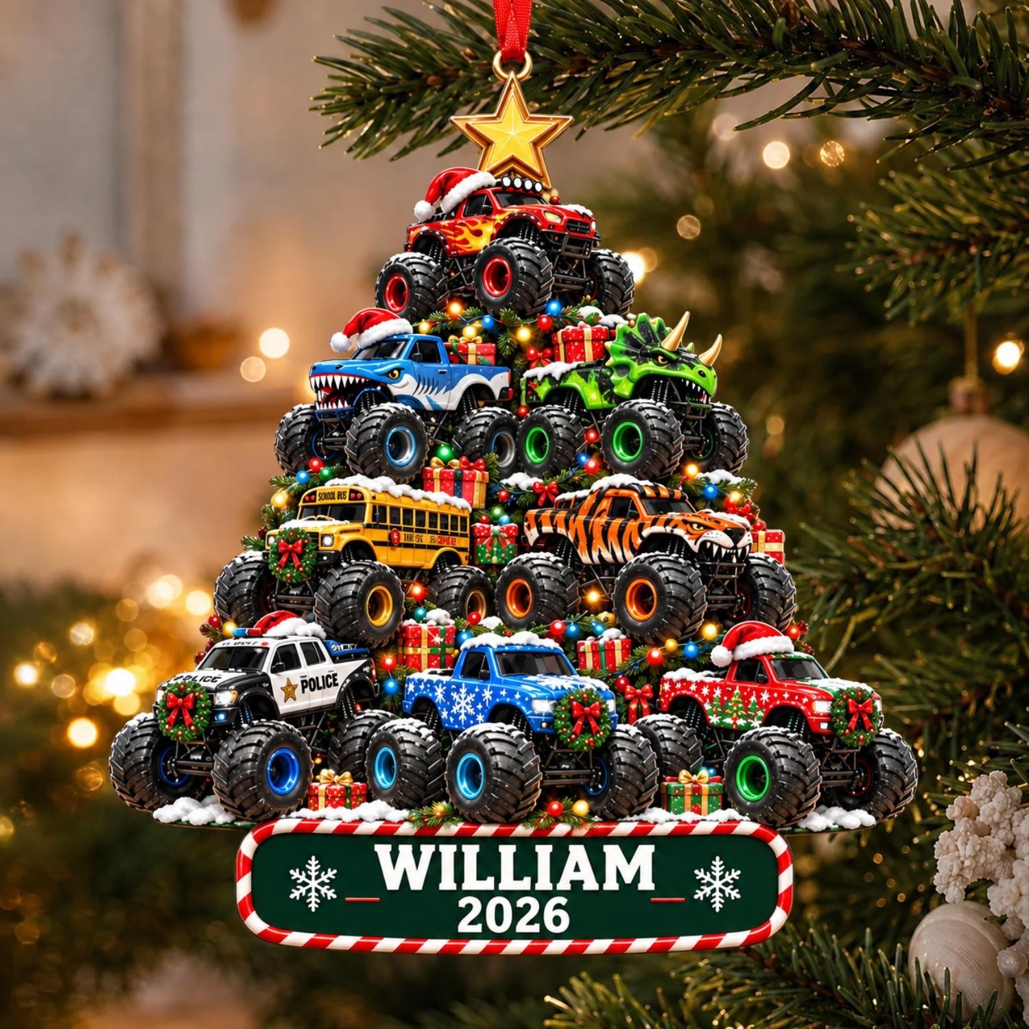 Personalized Monster Truck 2D Acrylic Ornament, Boys Kids Xmas Gift