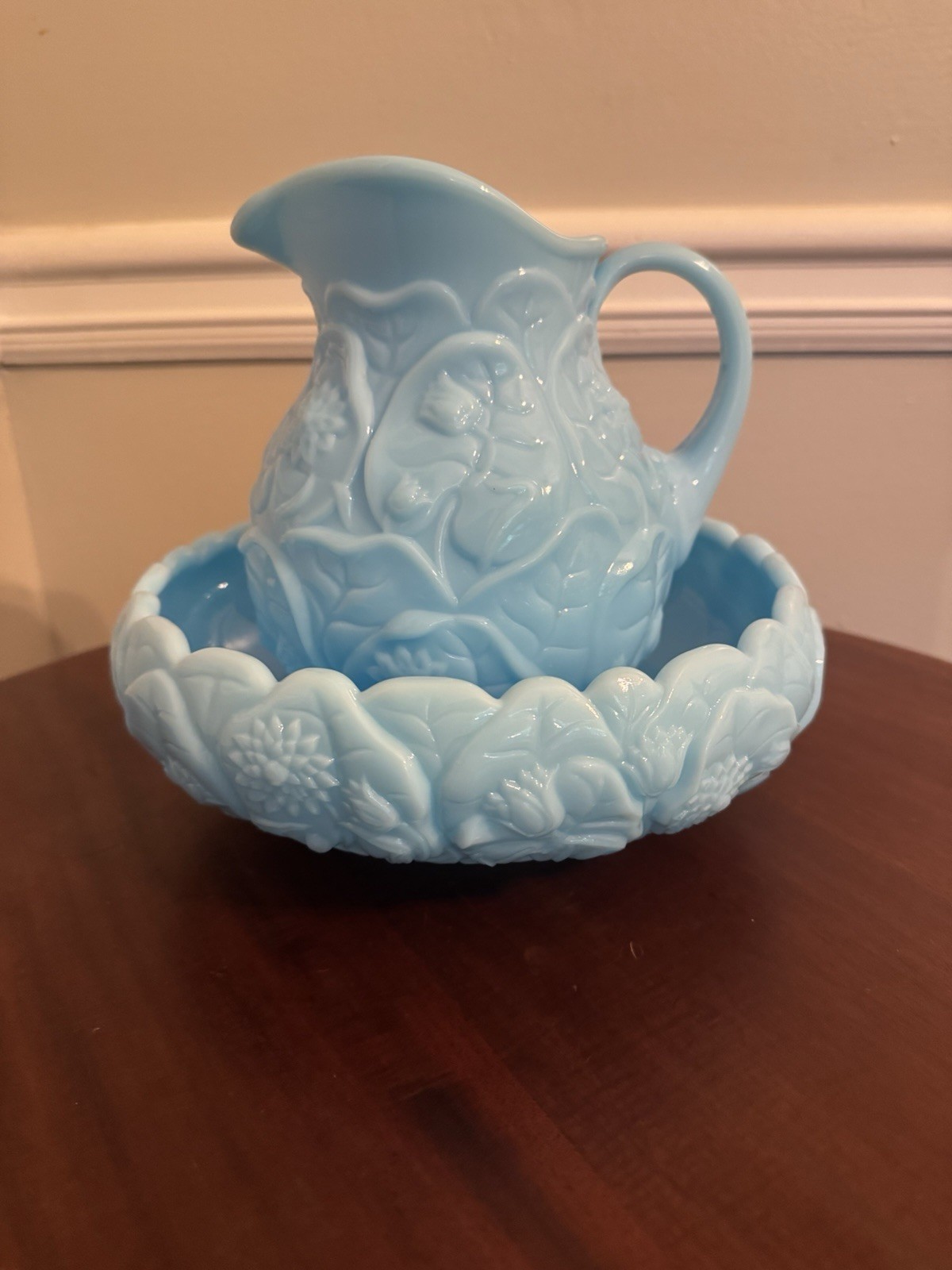 vintage Fenton Art Glass blue satin glass water lily pitcher/matching basin set