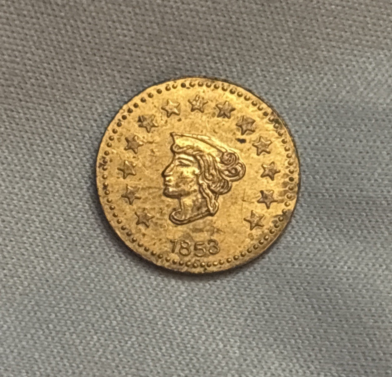 1853 California Gold 1/2 Round, unc. Fractional/ Liberty - Bear /.6 Gram Gold 1853 California Gold 1/2 Round, unc. Fractional/ Liberty - Bear /.6 Gram Gold