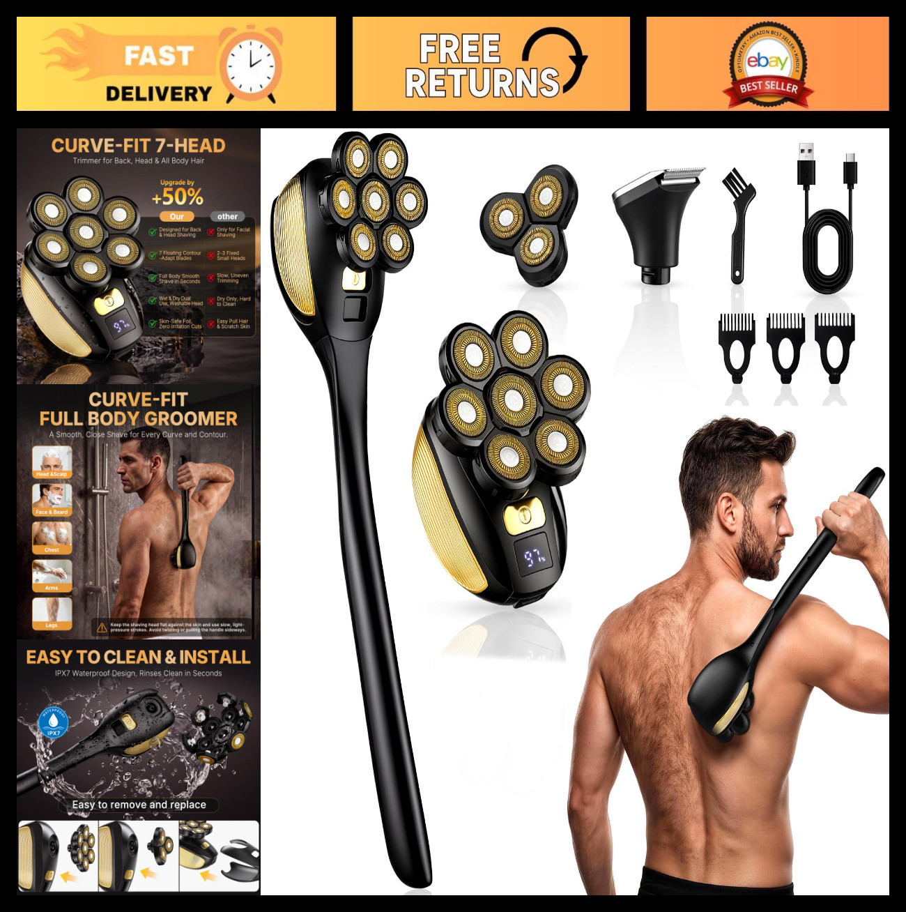 3-in-1 Electric Back Shaver for Men, Long Handle, Waterproof, LED Display, Groom 3-in-1 Electric Back Shaver for Men, Long Handle, Waterproof, LED Display, Groom