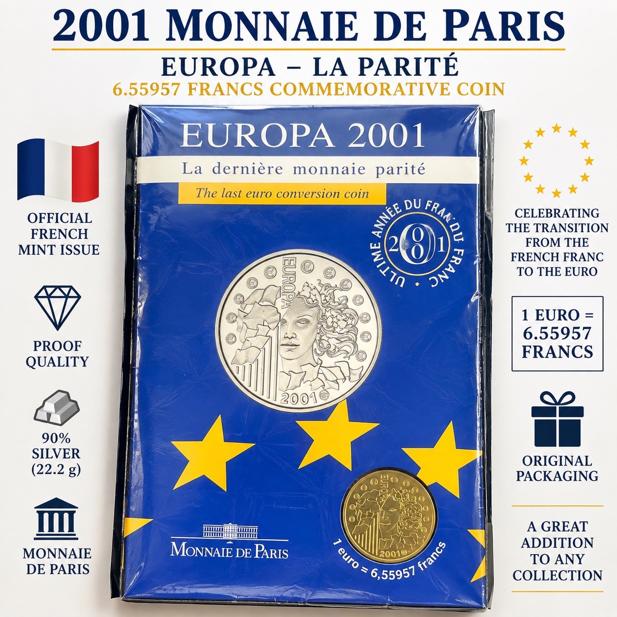 2001 France Europa 6.55957 Francs Monnaie de Paris Silver Proof Coin Original
