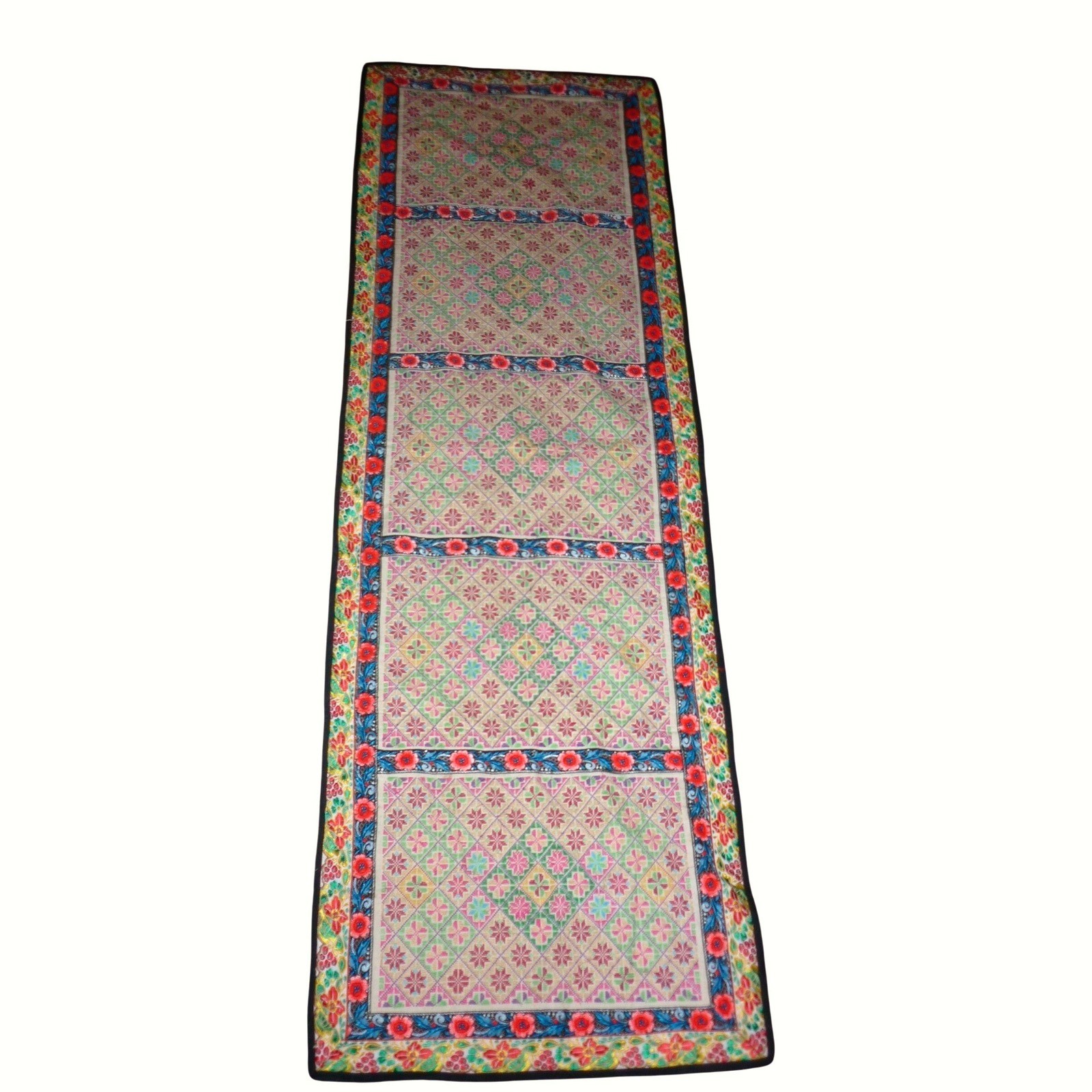 Vintage Hand Embroidered Table Runner Floral Folk Art Boho Decor 20x60\