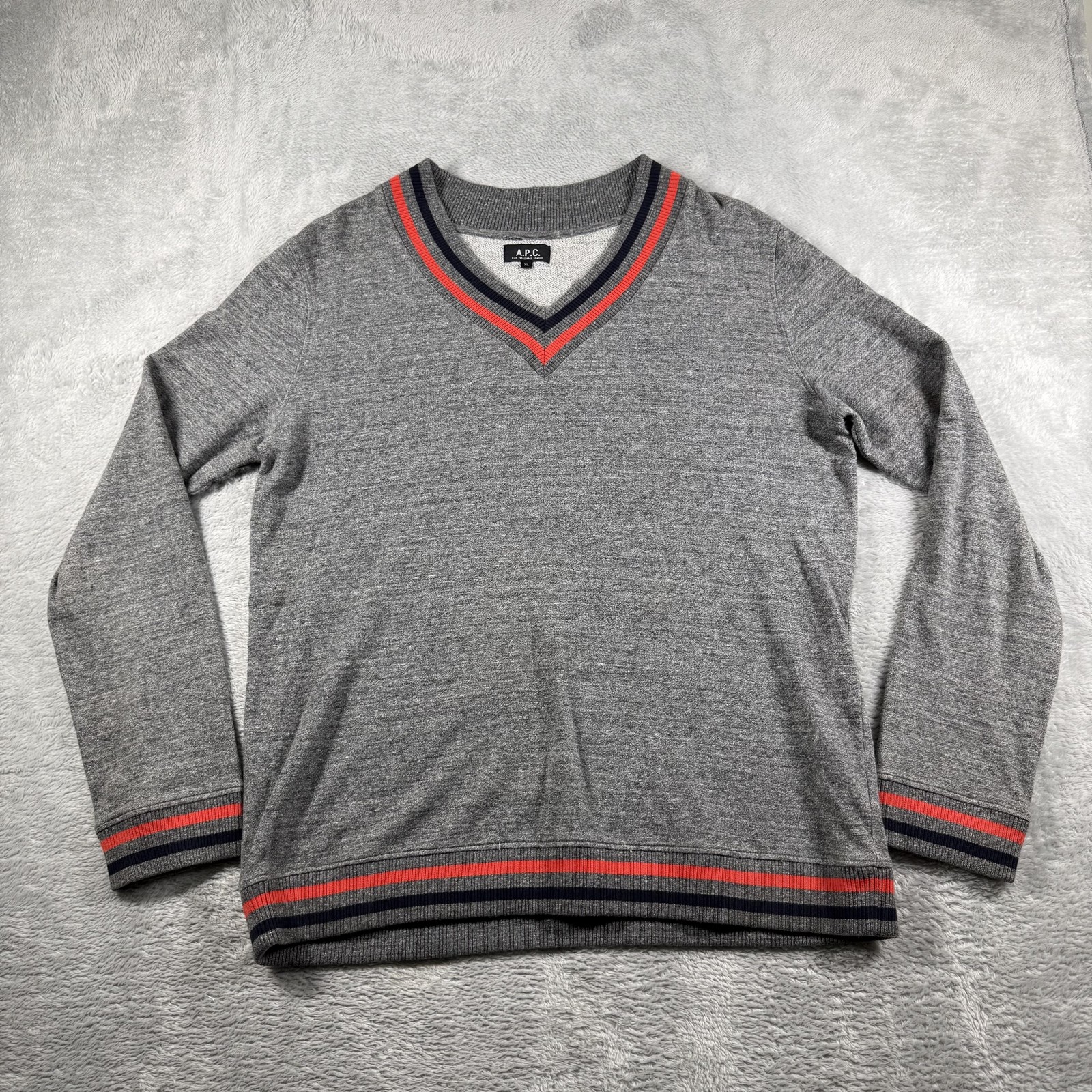 A.P.C. Sweater Mens XL Gray Japanese Cotton Fleece Striped Trim Luxury Designer