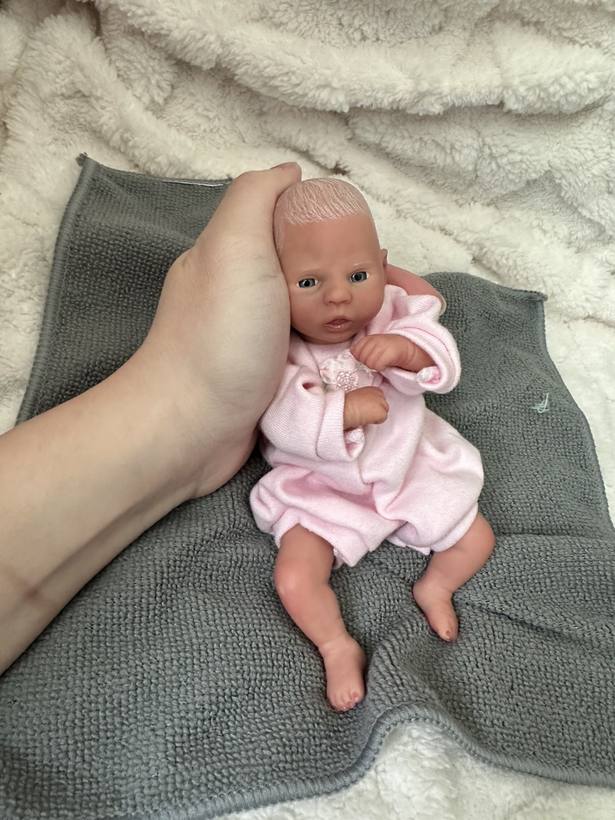Ooak Tiny Reborn pocket-sized Baby. Artist Painted Doll w/ hand drawn white Hair