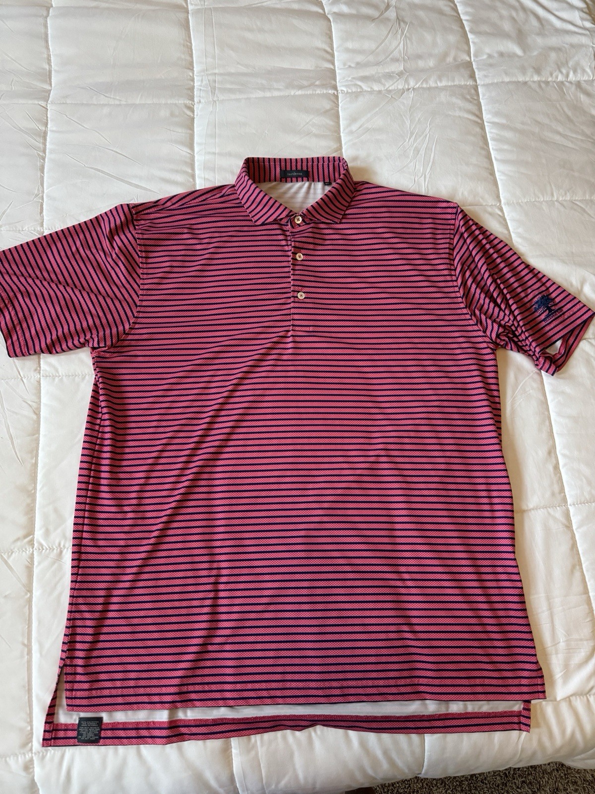 turtleson Mission hills CC logo Men\'s XL Pink/Navy Striped Golf Polo Stretch 