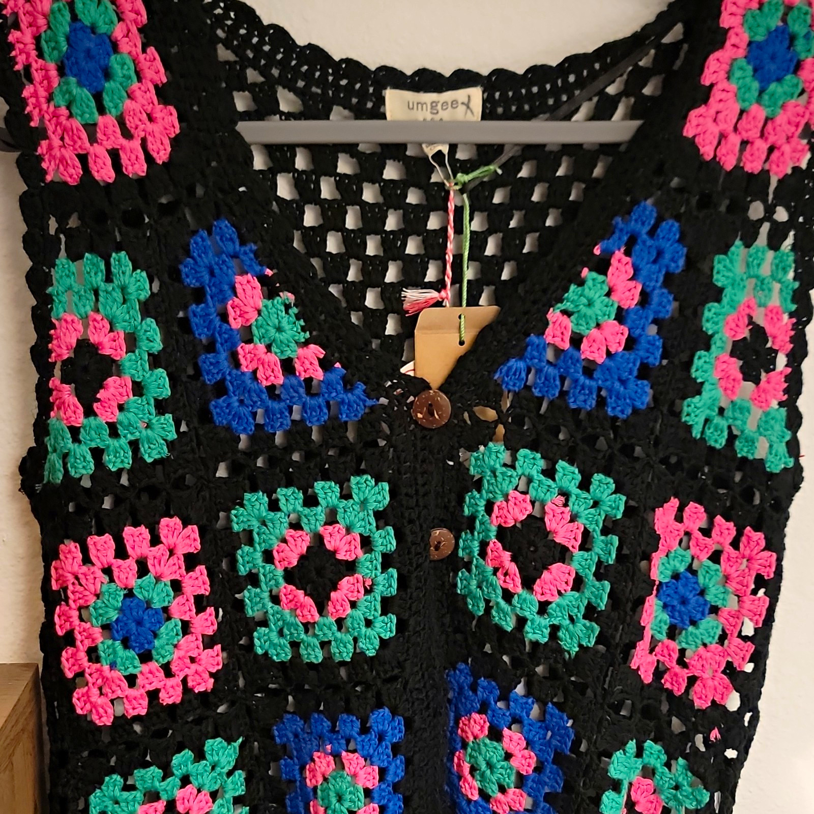 Umgee Women\'s Crochet Granny Square Button Front Fringe V-Neck Vest M Multi Umgee Women\'s Crochet Granny Square Button Front Fringe V-Neck Vest M Multi
