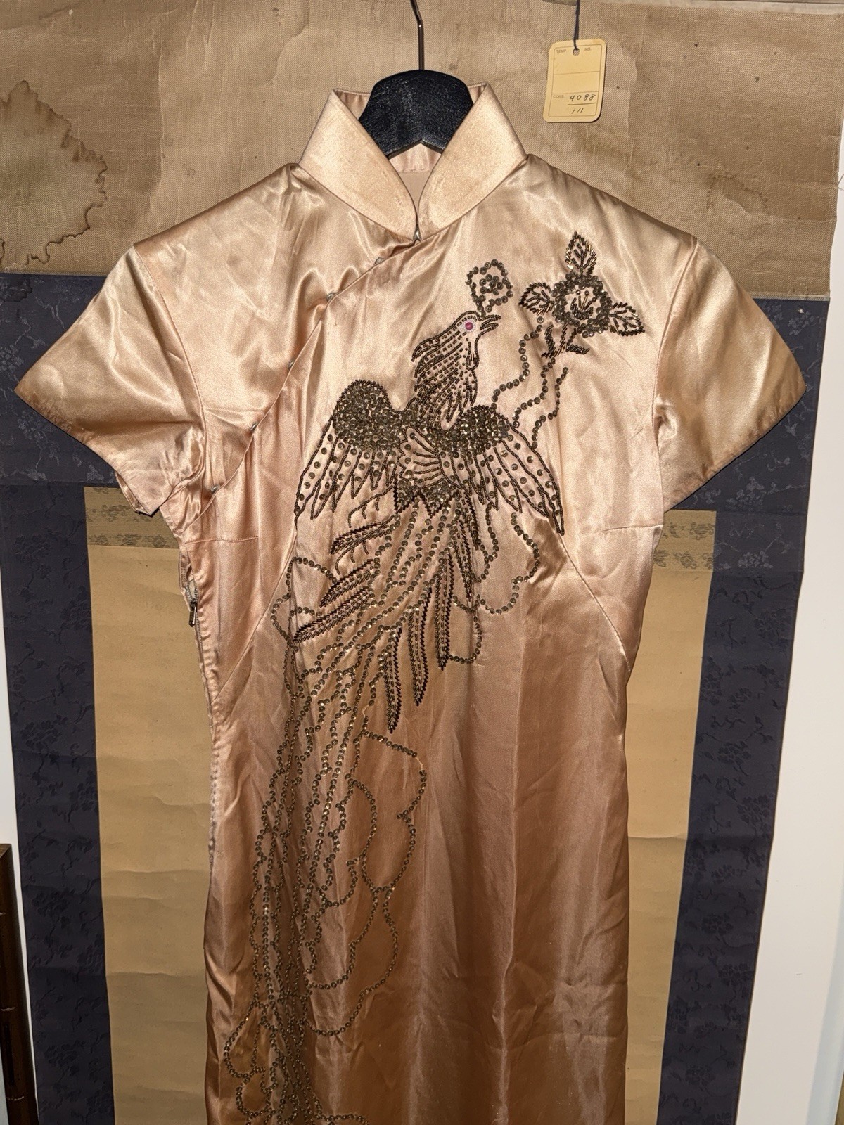 Vintage 1940s 50s Qipao Cheongsam Dress Sequin Embroidered Chinese Phoenix