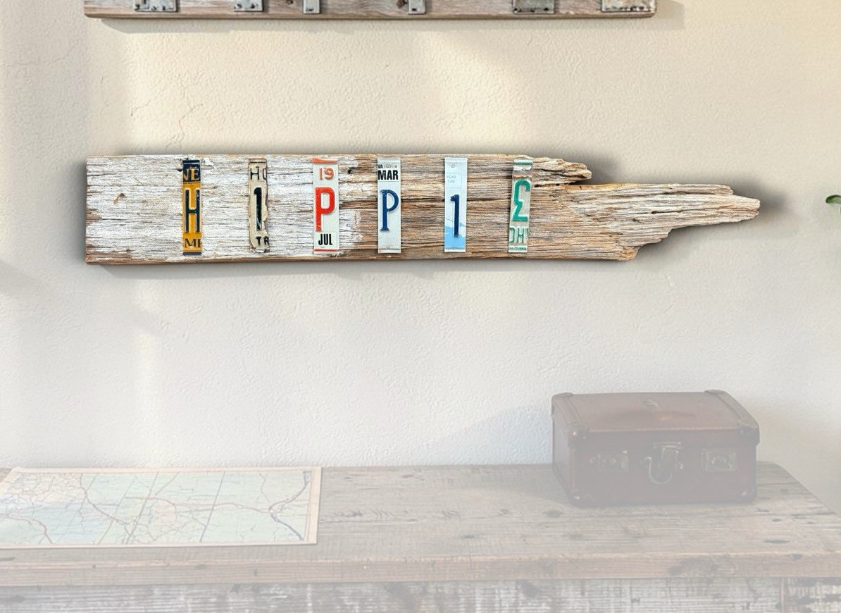 Vintage HIPPIE Folk Art Sign License Plate Salvage Wood Boho Wall Decor