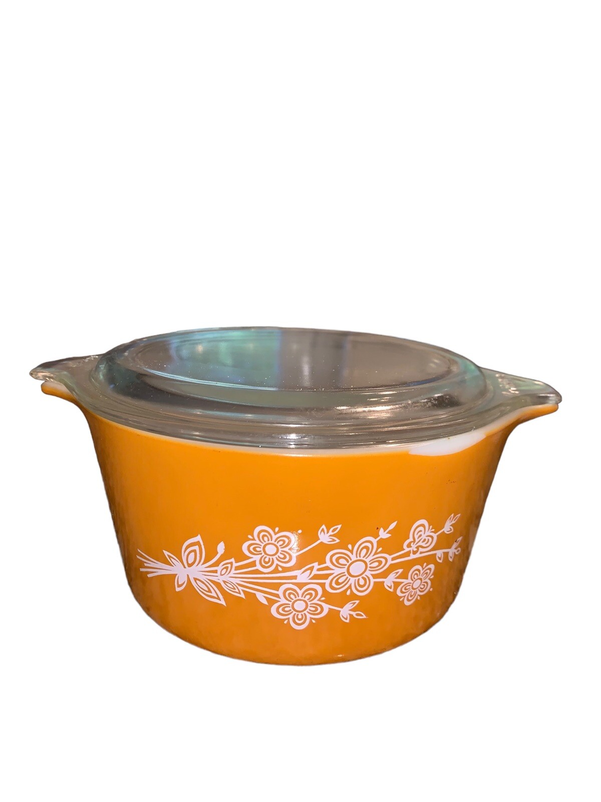 Vintage Pyrex BUTTERFLY DAISY Yellow Gold Casserole with Clear Lid 473-B 1 Qt 