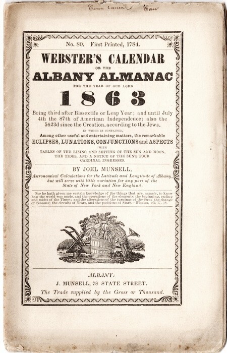 1863 Webster\'s Calendar or the Albany Almanac No 80 Nicest Group we haveEVER had