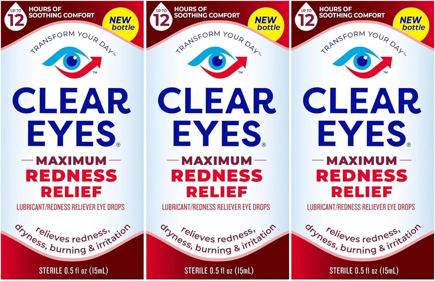 Pack 3 Clear Eyes Maximum Strength Redness Relief Eye Drops, 0.5 fl oz, 01/2027