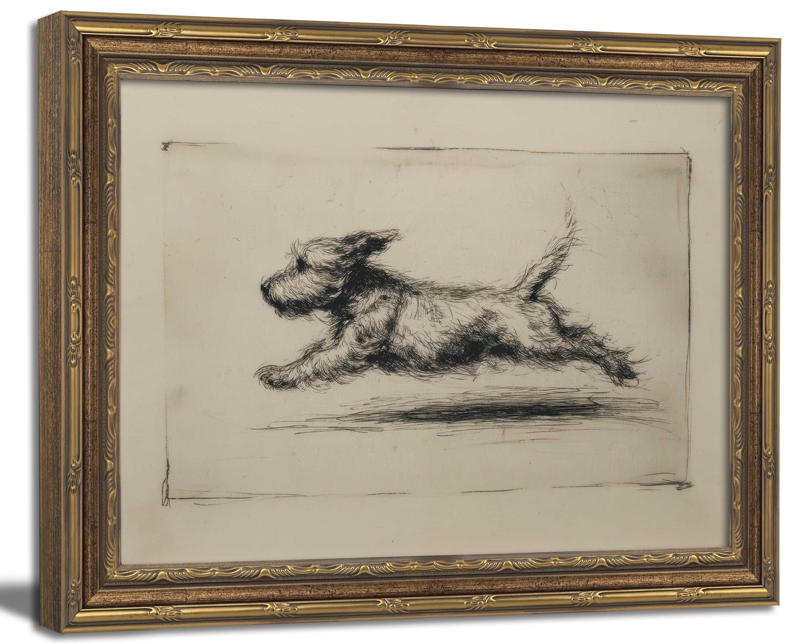 Vintage Gold Framed Wall Art Antique Terrier 11\