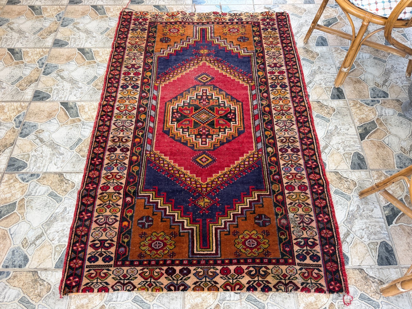 1980s Geometric Turkish Vintage Rug, Tribal Handmade Anatolian Wool Area Rug 4x6
