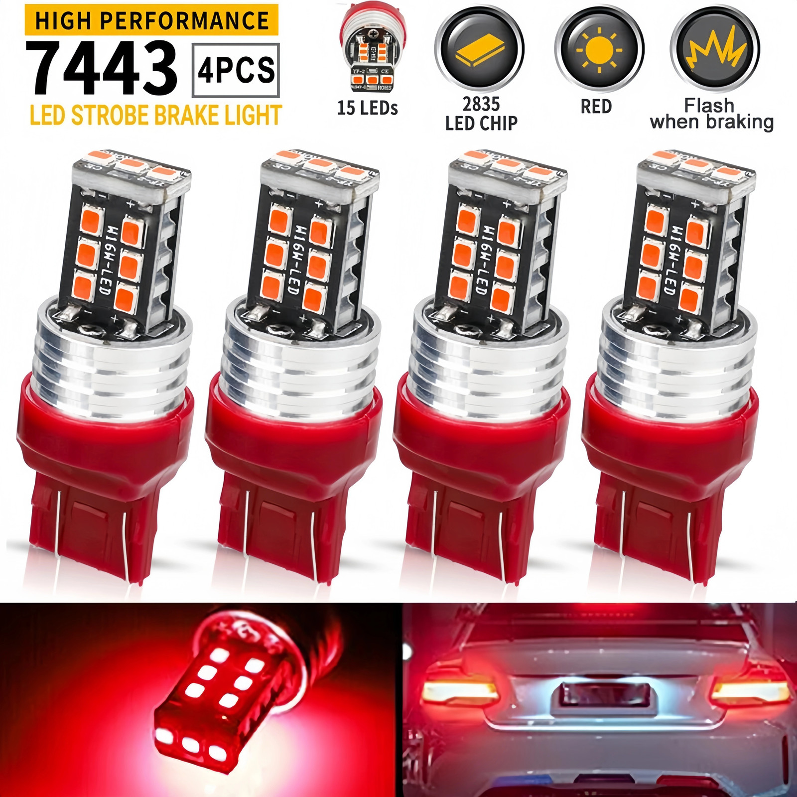 4PCS 7443 7440 LED Red Strobe Flash Blinking Brake Stop Tail Parking Light Bulbs 4PCS 7443 7440 LED Red Strobe Flash Blinking Brake Stop Tail Parking Light Bulbs
